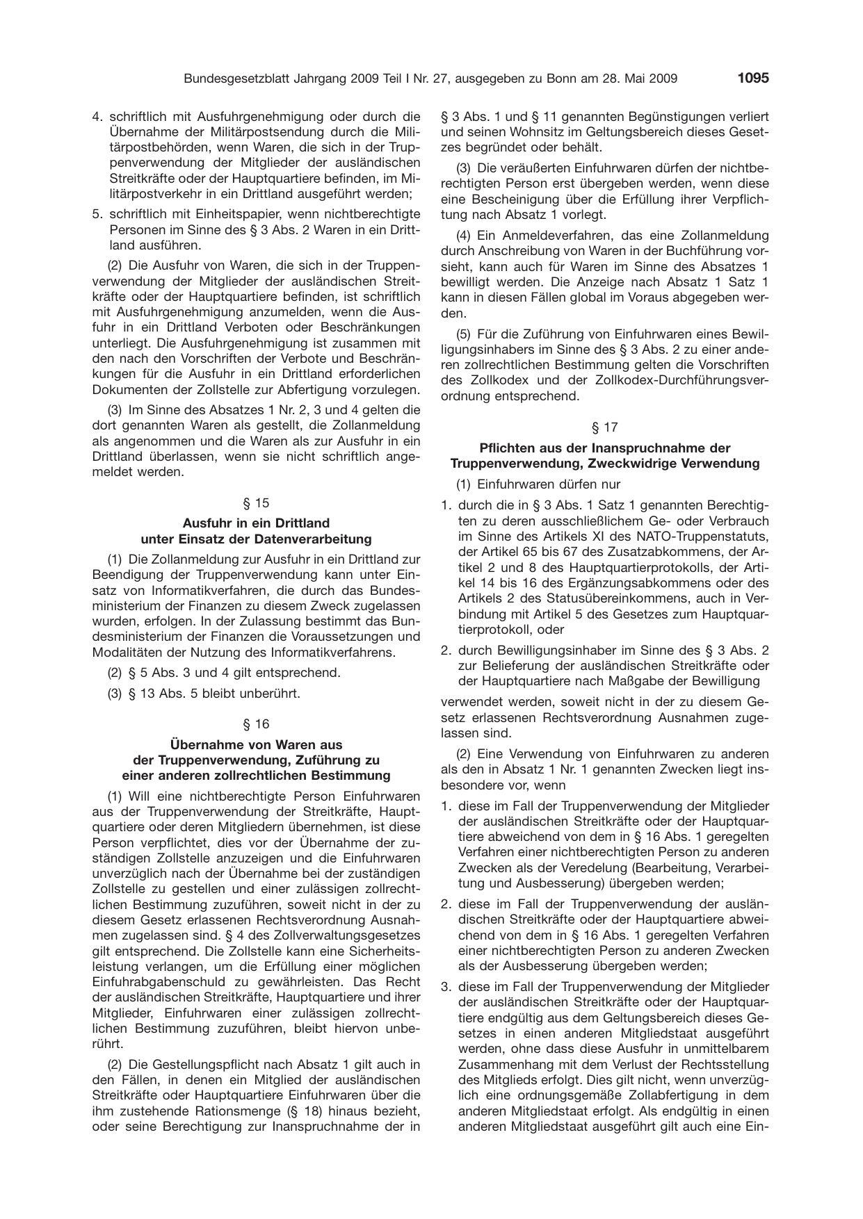 BGBl. 2009, Seite 1095 — Originalseite als Abbildung