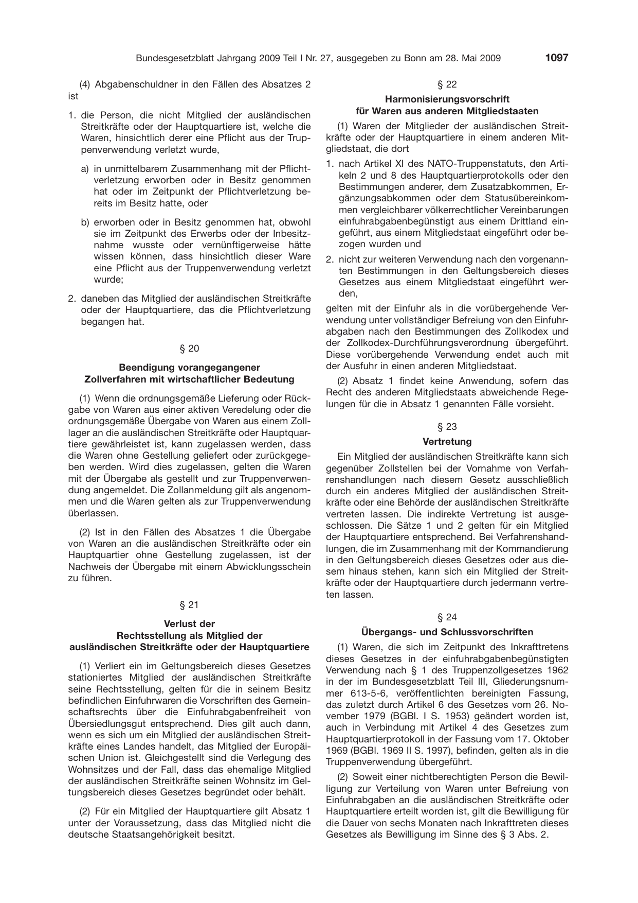 BGBl. 2009, Seite 1097 — Originalseite als Abbildung