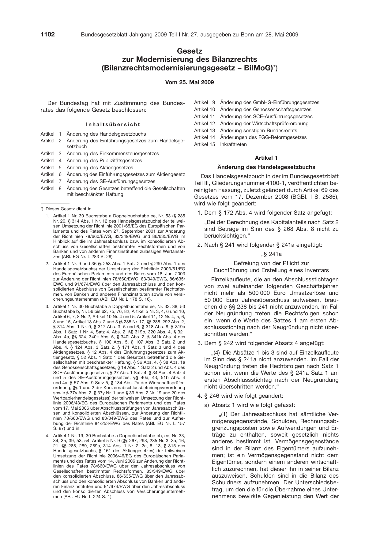 BGBl. 2009, Seite 1102 — Originalseite als Abbildung
