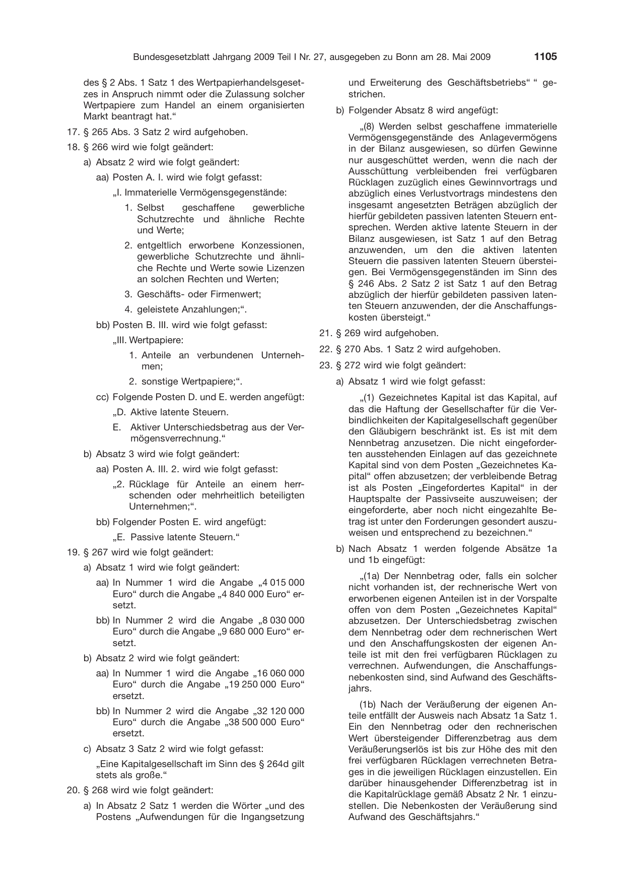 BGBl. 2009, Seite 1105 — Originalseite als Abbildung