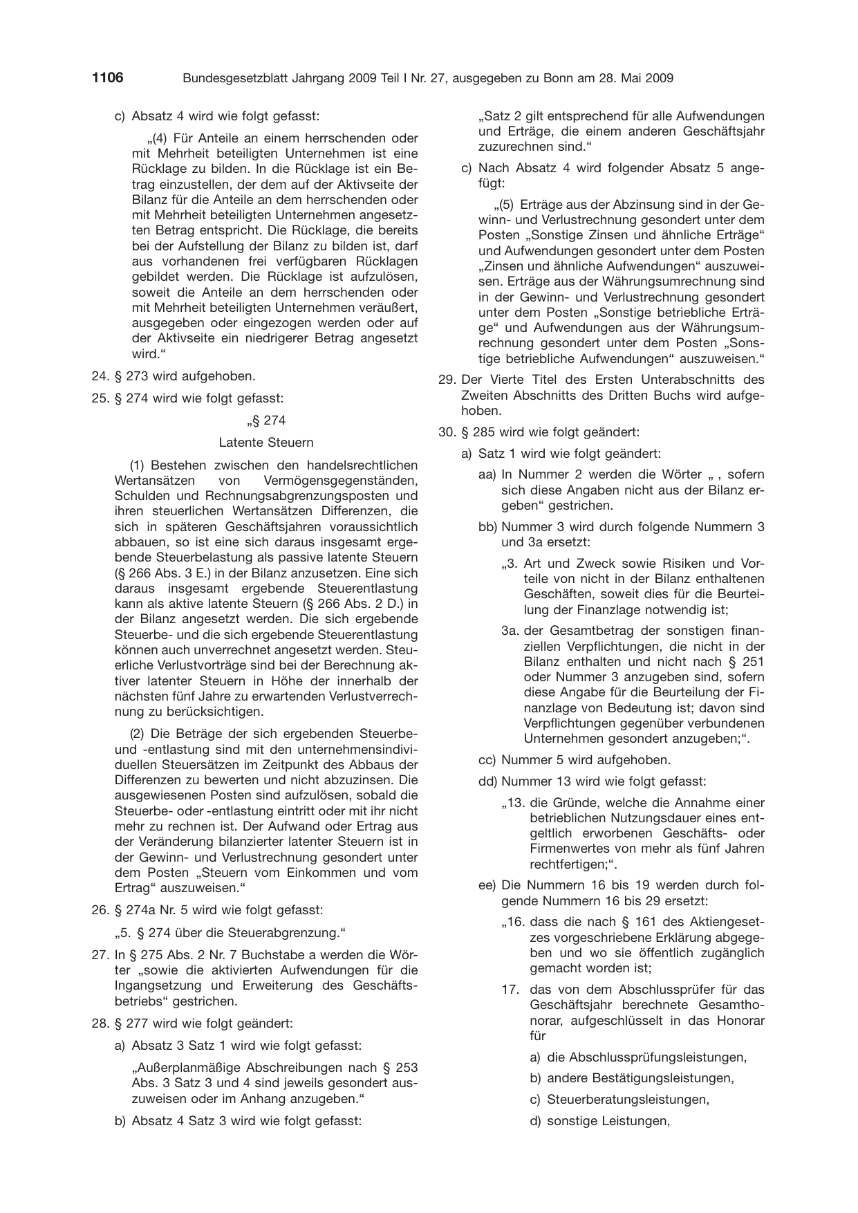 BGBl. 2009, Seite 1106 — Originalseite als Abbildung