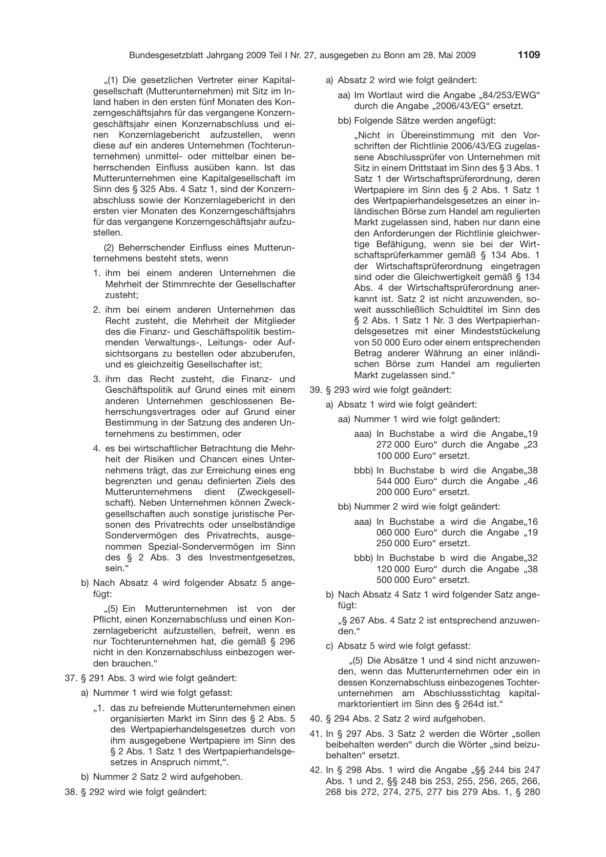 BGBl. 2009, Seite 1109 — Originalseite als Abbildung