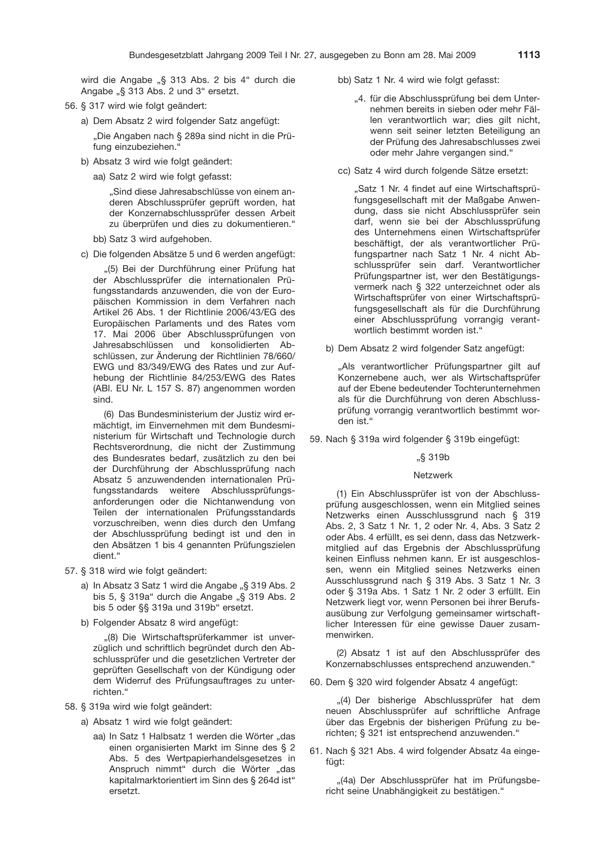 BGBl. 2009, Seite 1113 — Originalseite als Abbildung