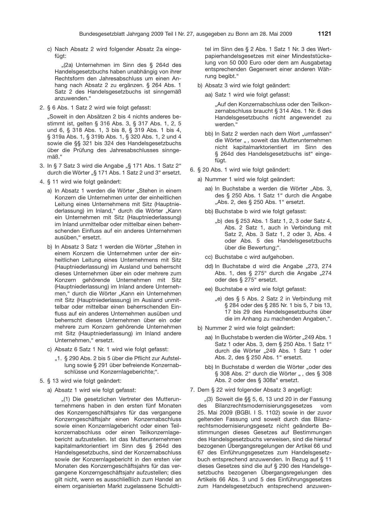 BGBl. 2009, Seite 1121 — Originalseite als Abbildung