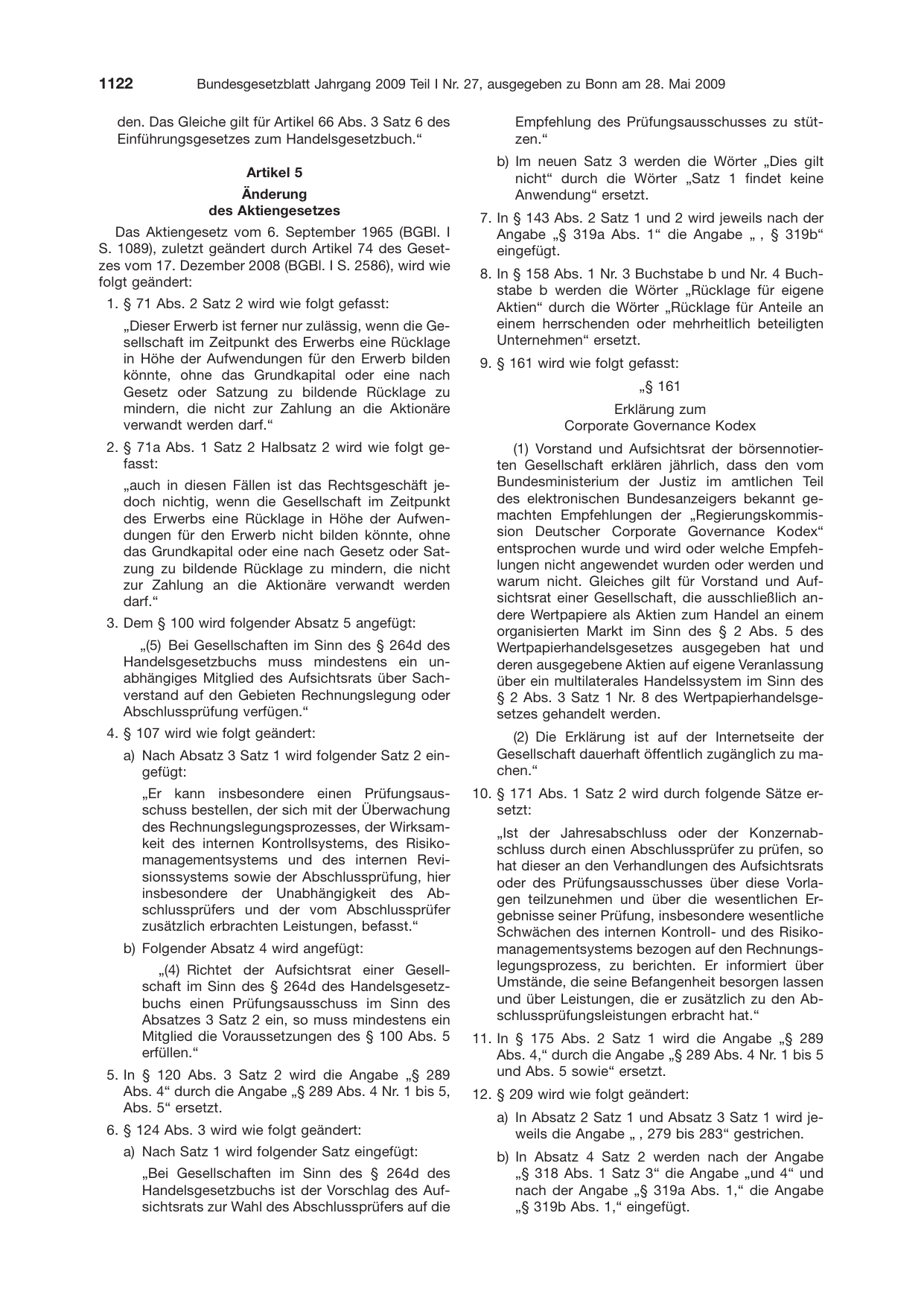 BGBl. 2009, Seite 1122 — Originalseite als Abbildung