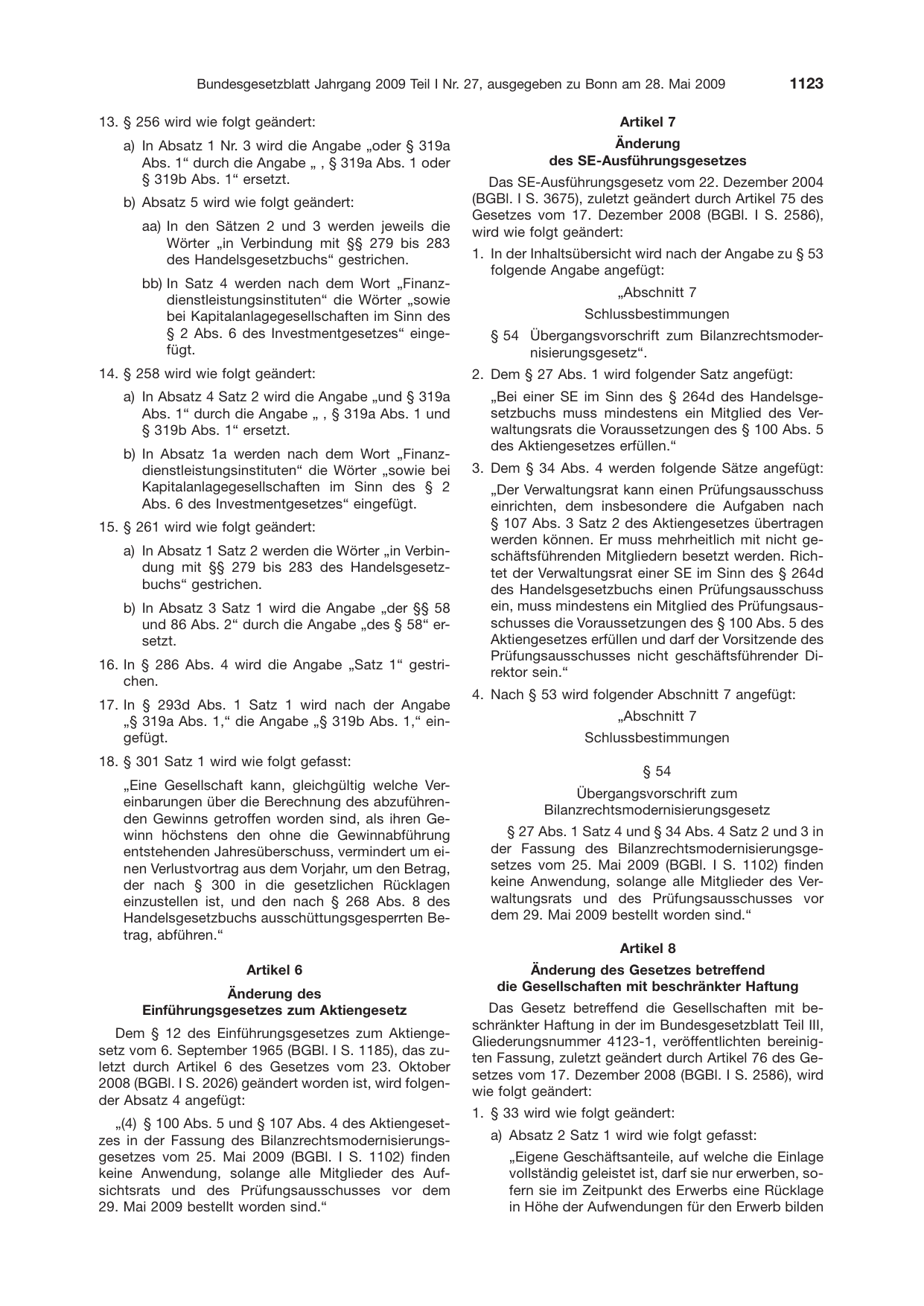 BGBl. 2009, Seite 1123 — Originalseite als Abbildung