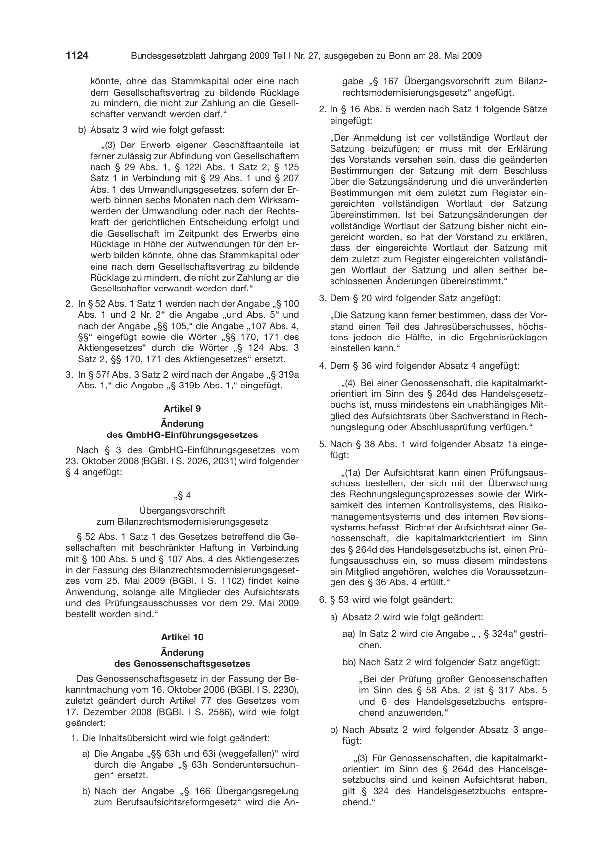 BGBl. 2009, Seite 1124 — Originalseite als Abbildung