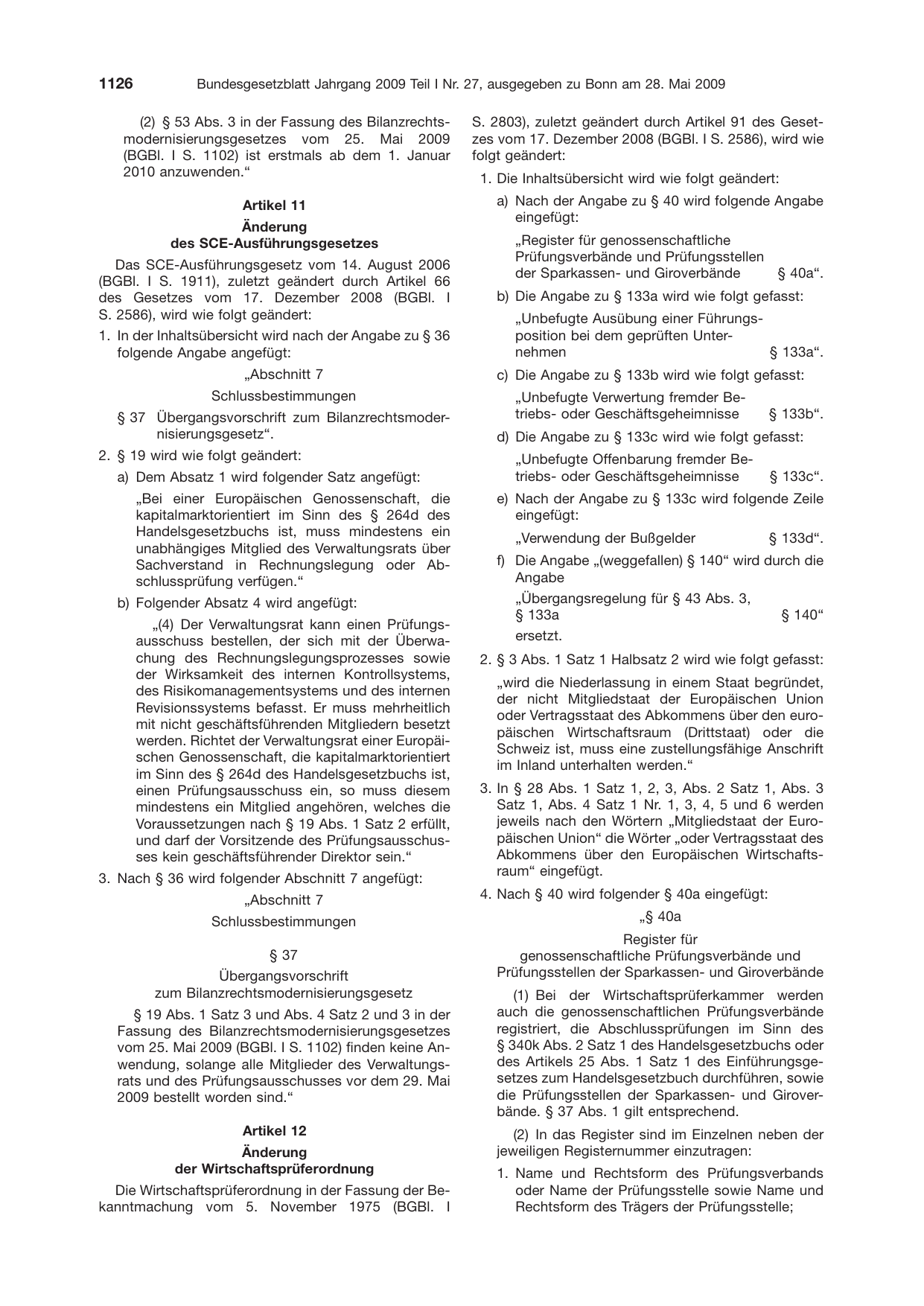 BGBl. 2009, Seite 1126 — Originalseite als Abbildung