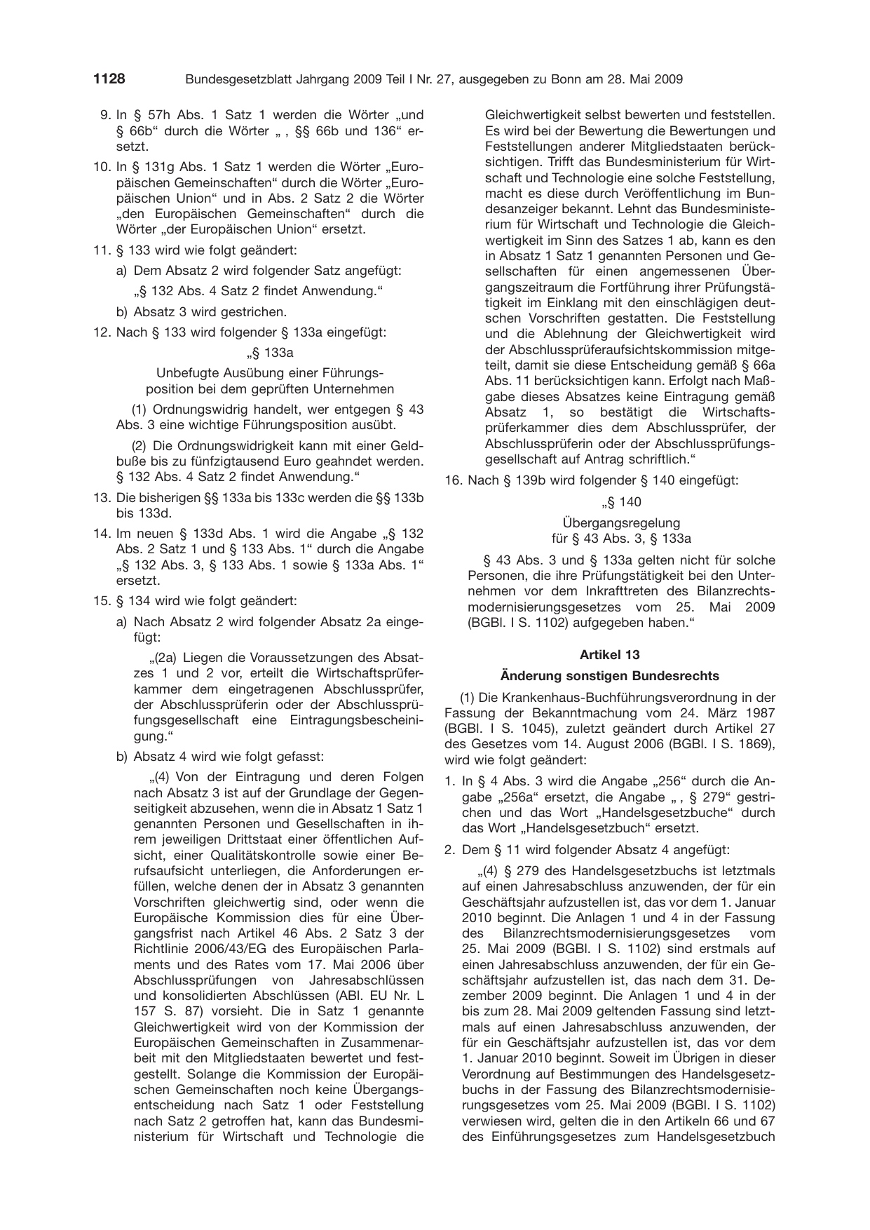 BGBl. 2009, Seite 1128 — Originalseite als Abbildung