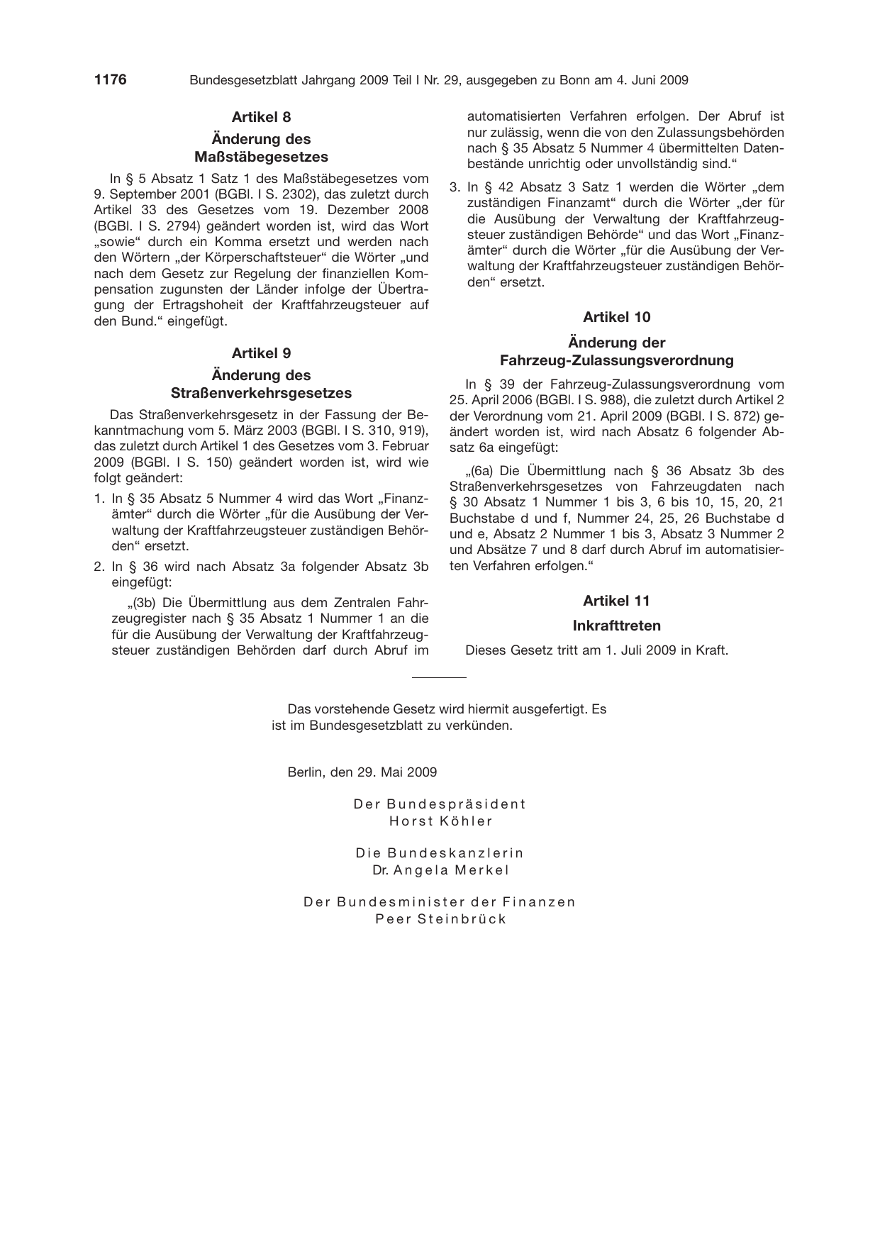 BGBl. 2009, Seite 1176 — Originalseite als Abbildung