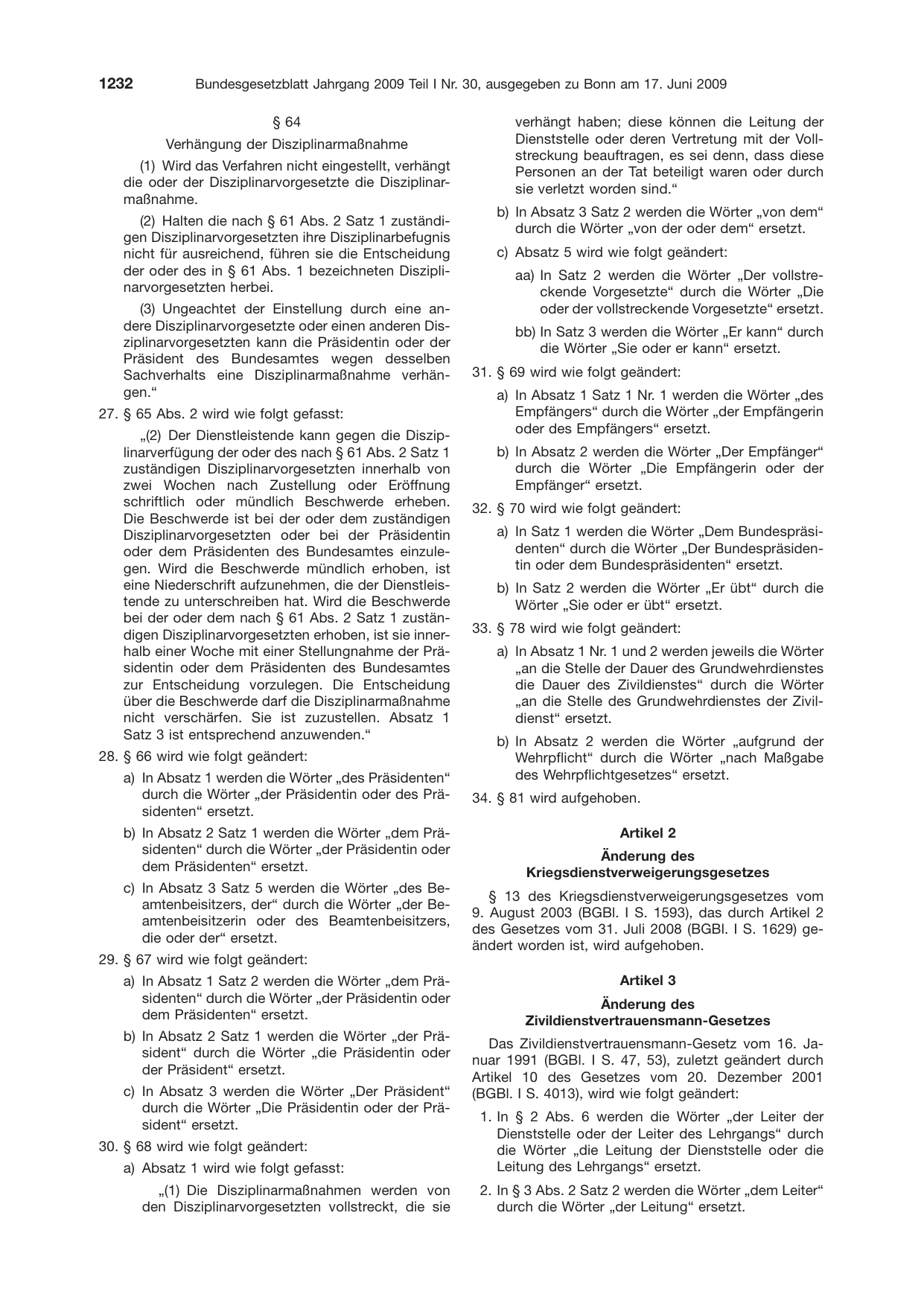 BGBl. 2009, Seite 1232 — Originalseite als Abbildung