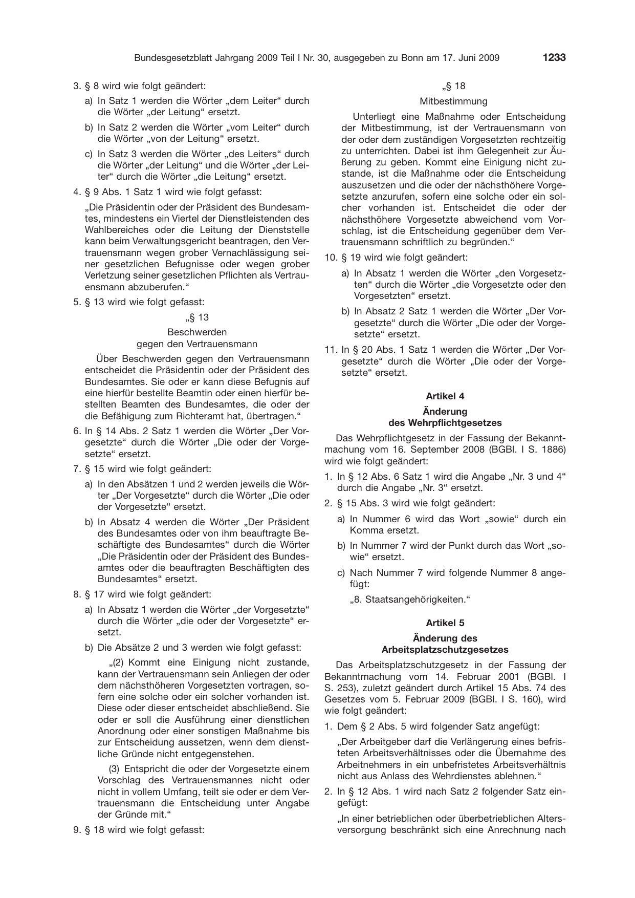 BGBl. 2009, Seite 1233 — Originalseite als Abbildung