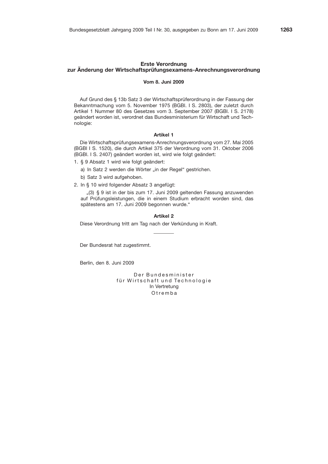 BGBl. 2009, Seite 1263 — Originalseite als Abbildung