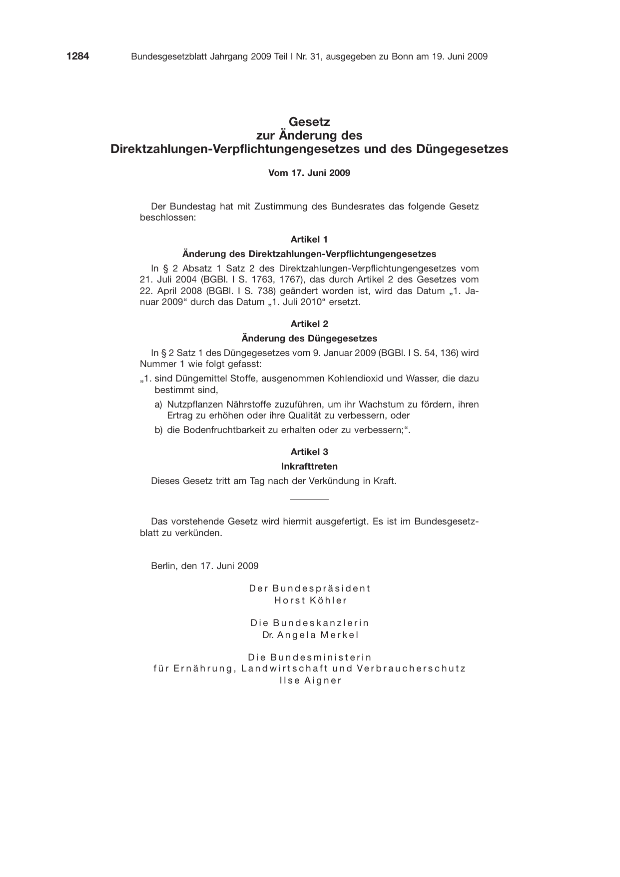 BGBl. 2009, Seite 1284 — Originalseite als Abbildung