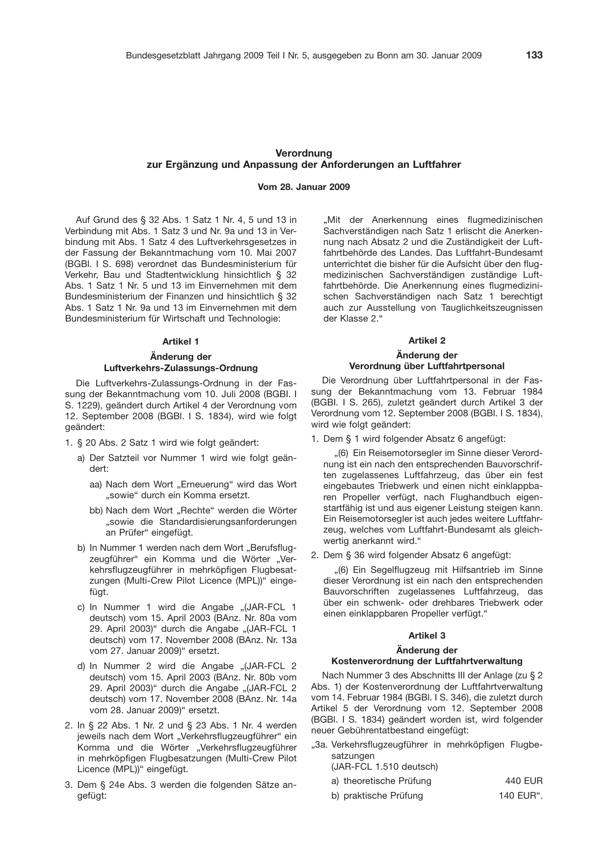 BGBl. 2009, Seite 133 — Originalseite als Abbildung