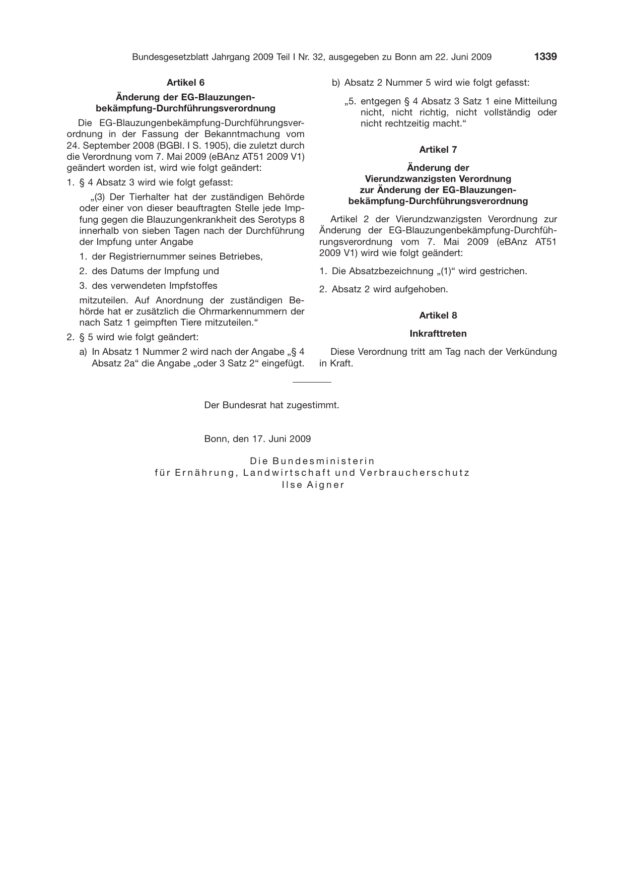 BGBl. 2009, Seite 1339 — Originalseite als Abbildung