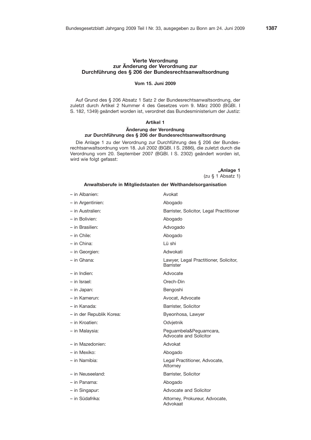 BGBl. 2009, Seite 1387 — Originalseite als Abbildung