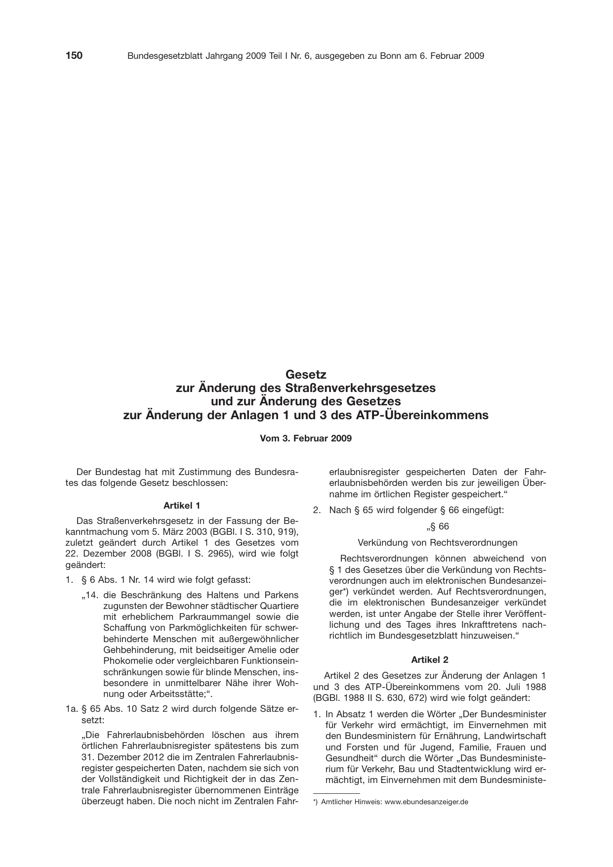 BGBl. 2009, Seite 150 — Originalseite als Abbildung