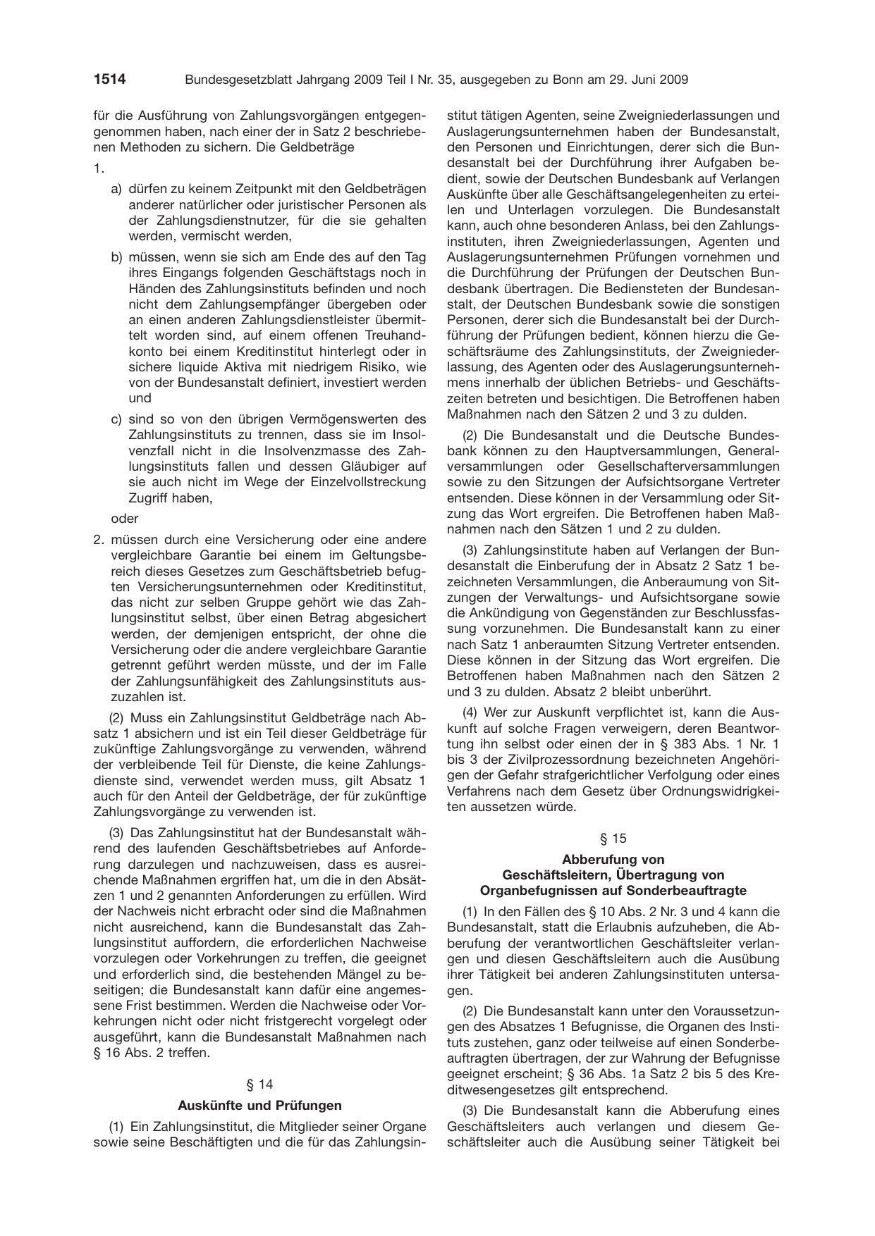BGBl. 2009, Seite 1514 — Originalseite als Abbildung