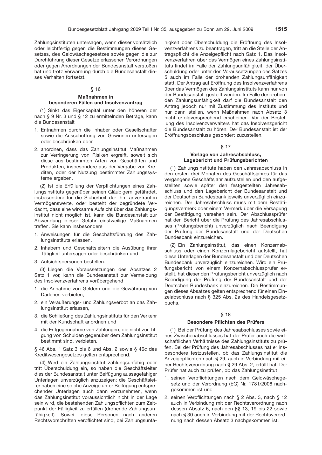 BGBl. 2009, Seite 1515 — Originalseite als Abbildung