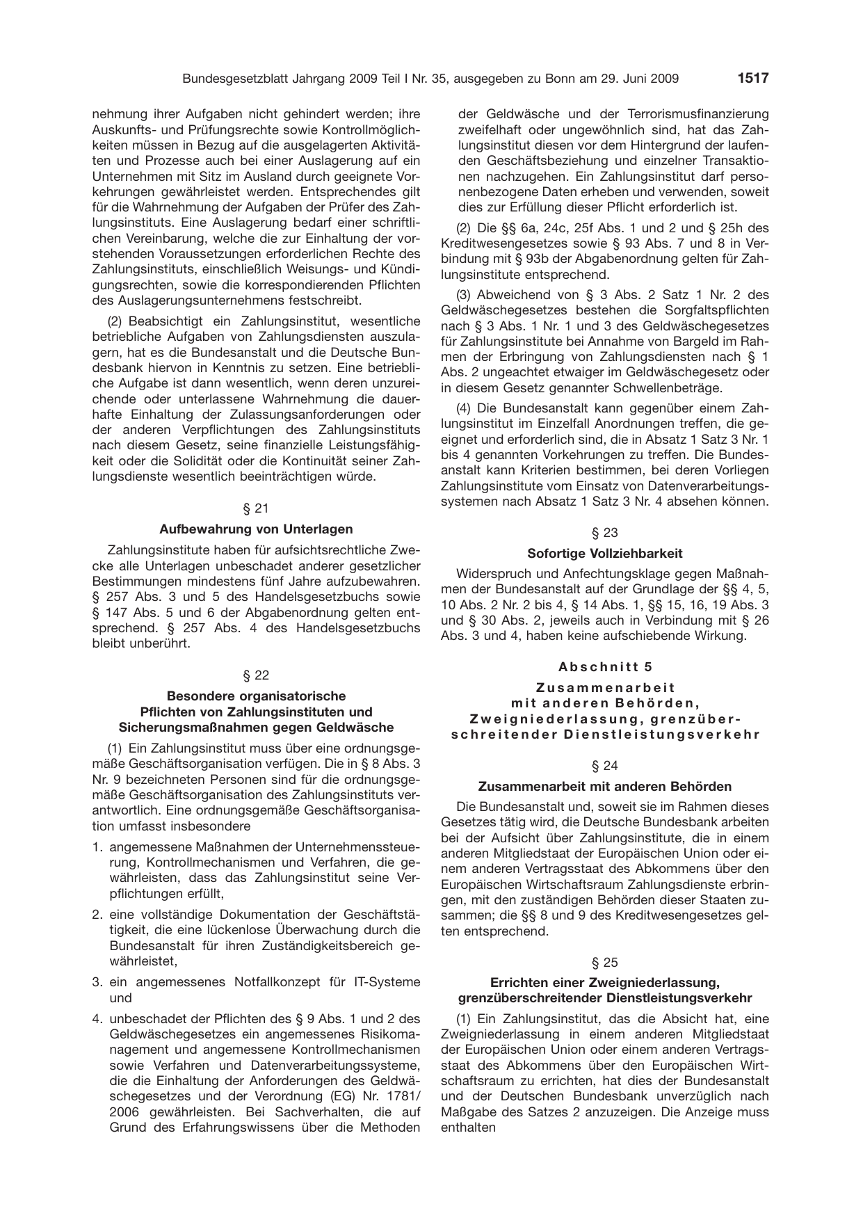 BGBl. 2009, Seite 1517 — Originalseite als Abbildung