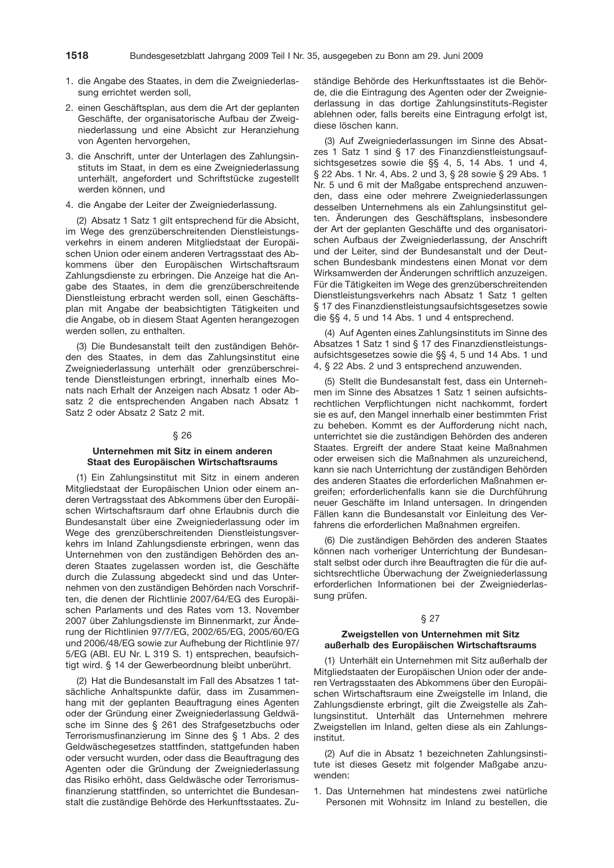 BGBl. 2009, Seite 1518 — Originalseite als Abbildung