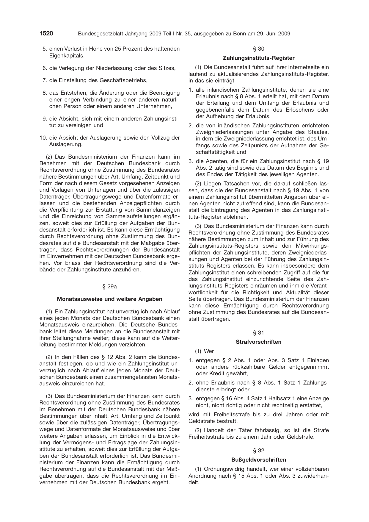BGBl. 2009, Seite 1520 — Originalseite als Abbildung