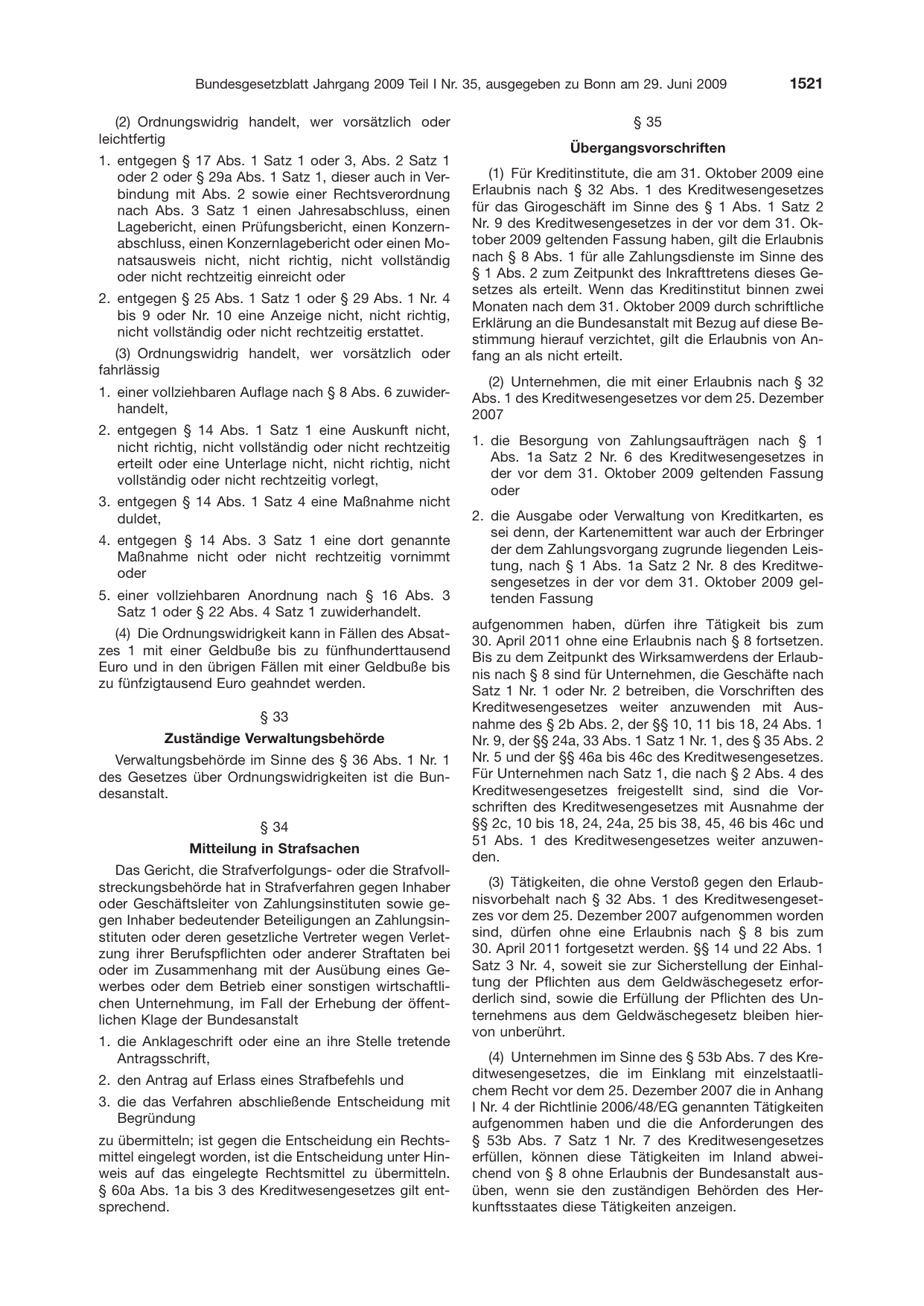 BGBl. 2009, Seite 1521 — Originalseite als Abbildung