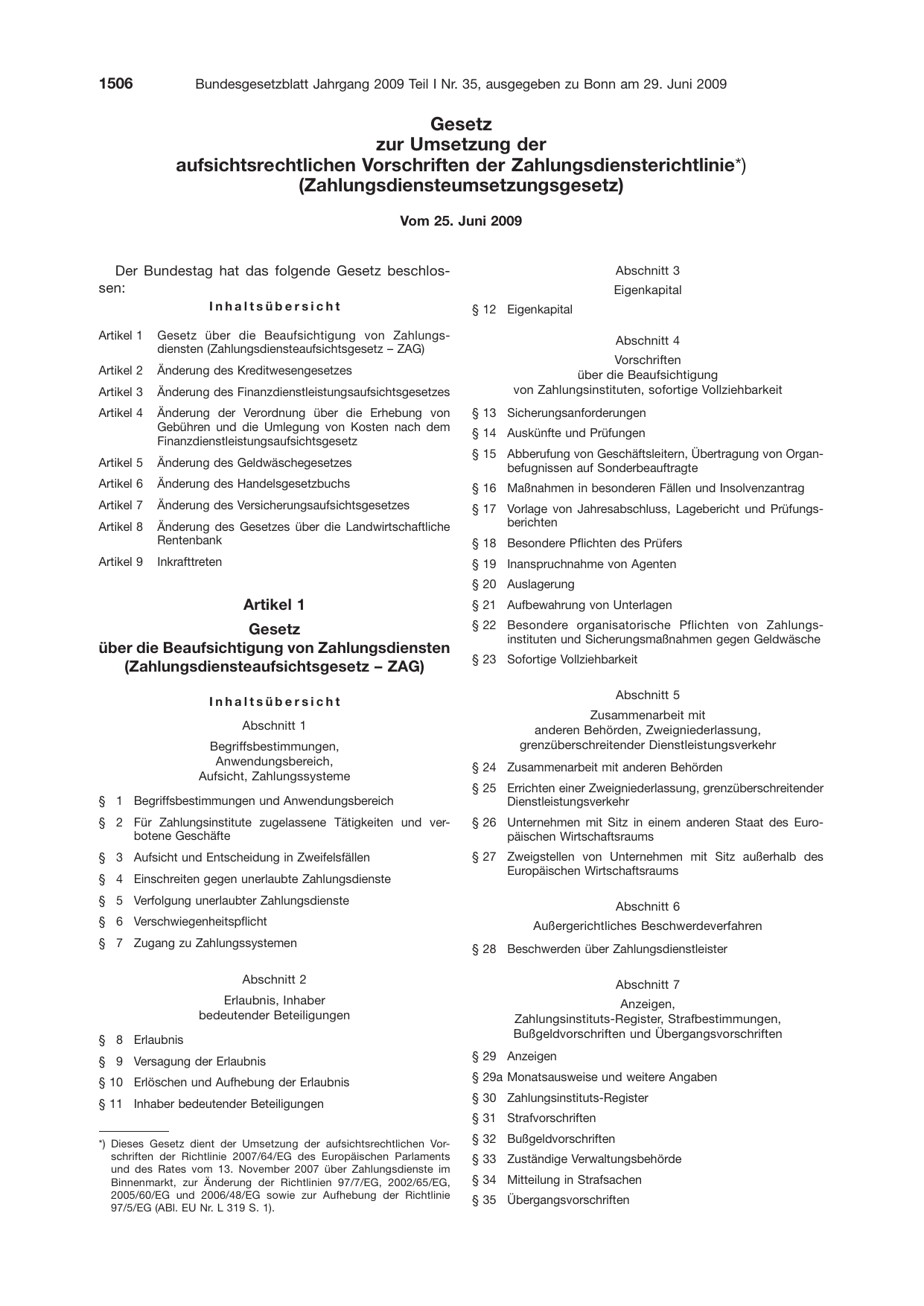 BGBl. 2009, Seite 1506 — Originalseite als Abbildung