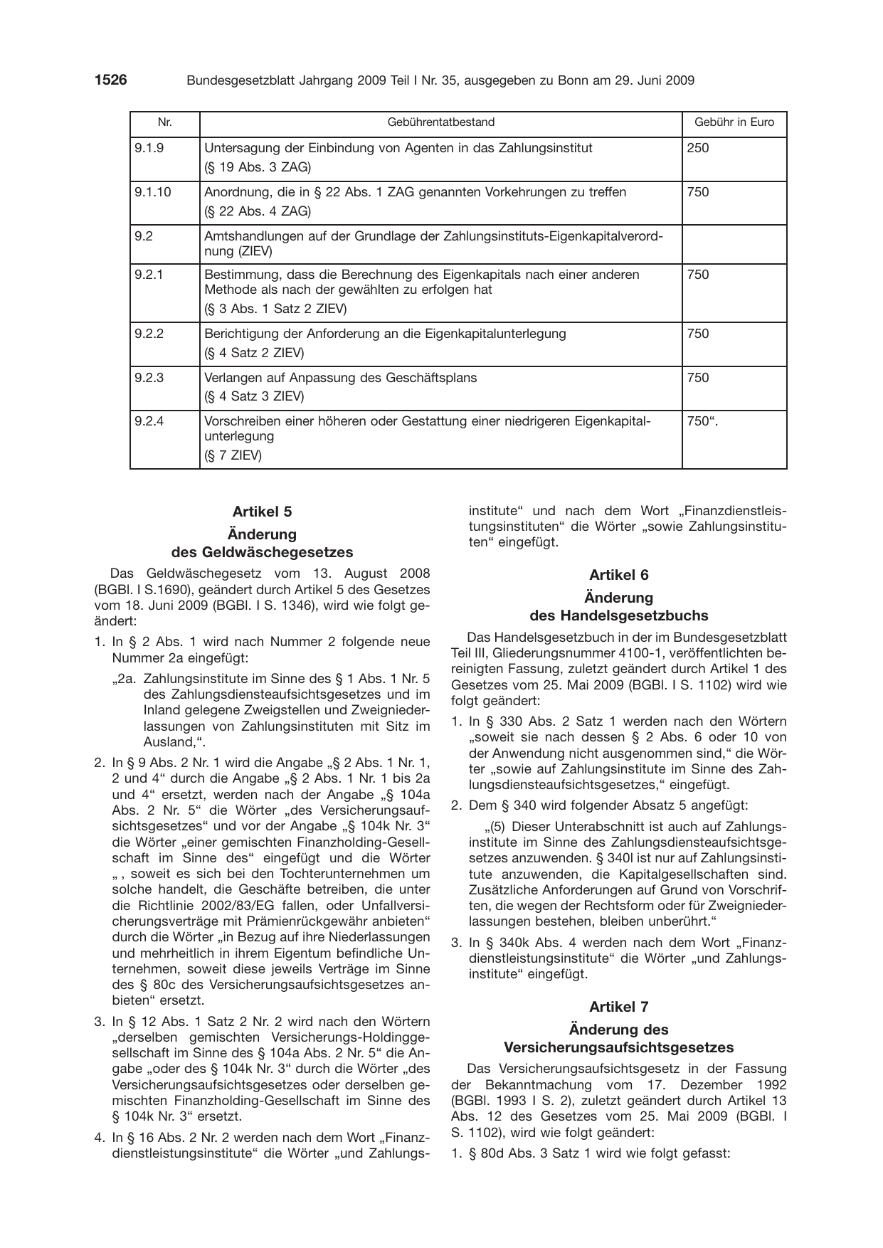 BGBl. 2009, Seite 1526 — Originalseite als Abbildung