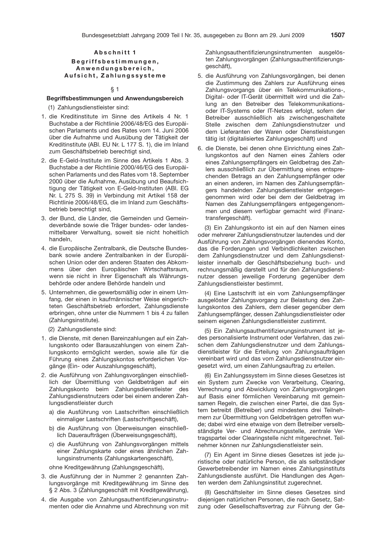 BGBl. 2009, Seite 1507 — Originalseite als Abbildung