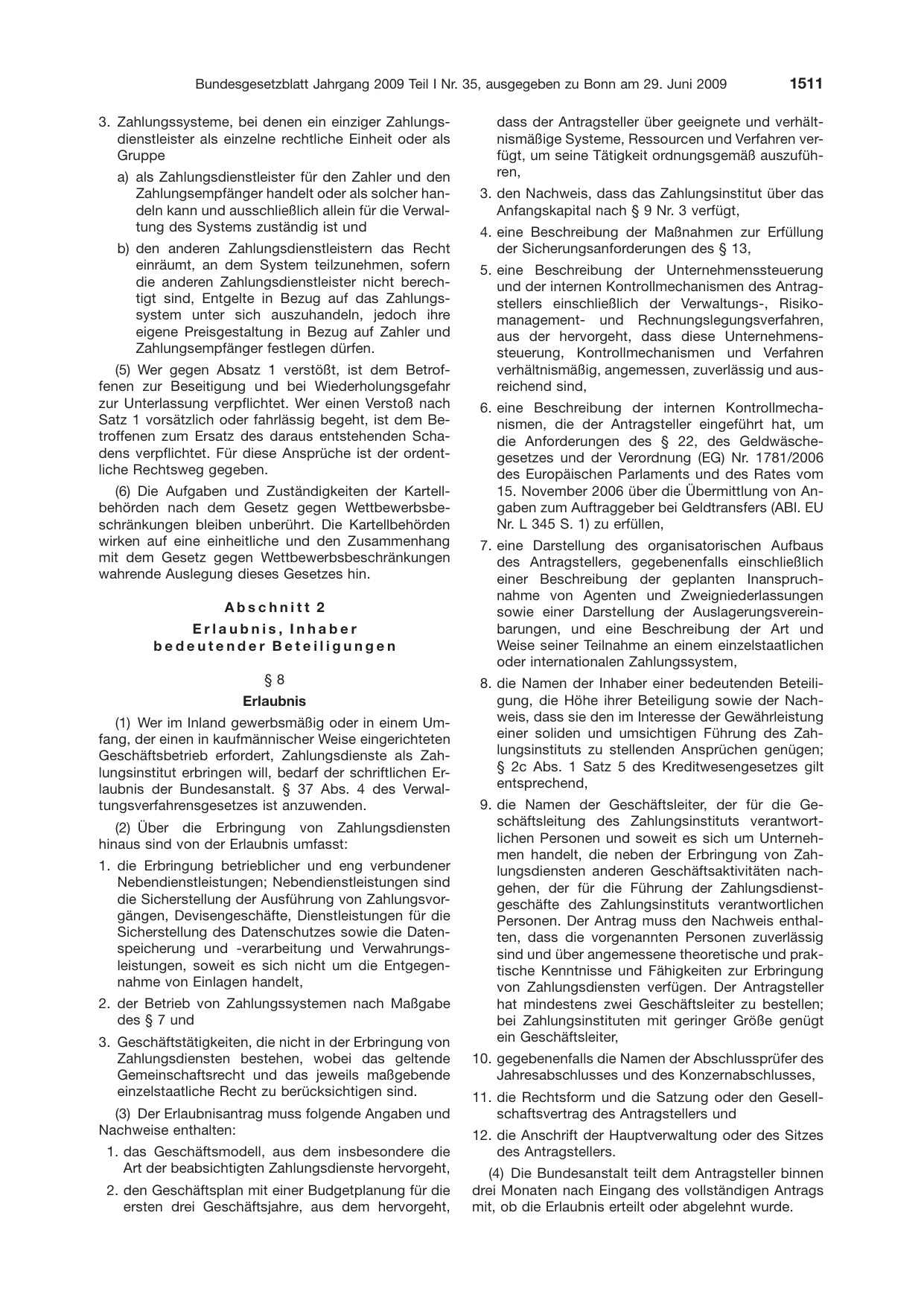 BGBl. 2009, Seite 1511 — Originalseite als Abbildung
