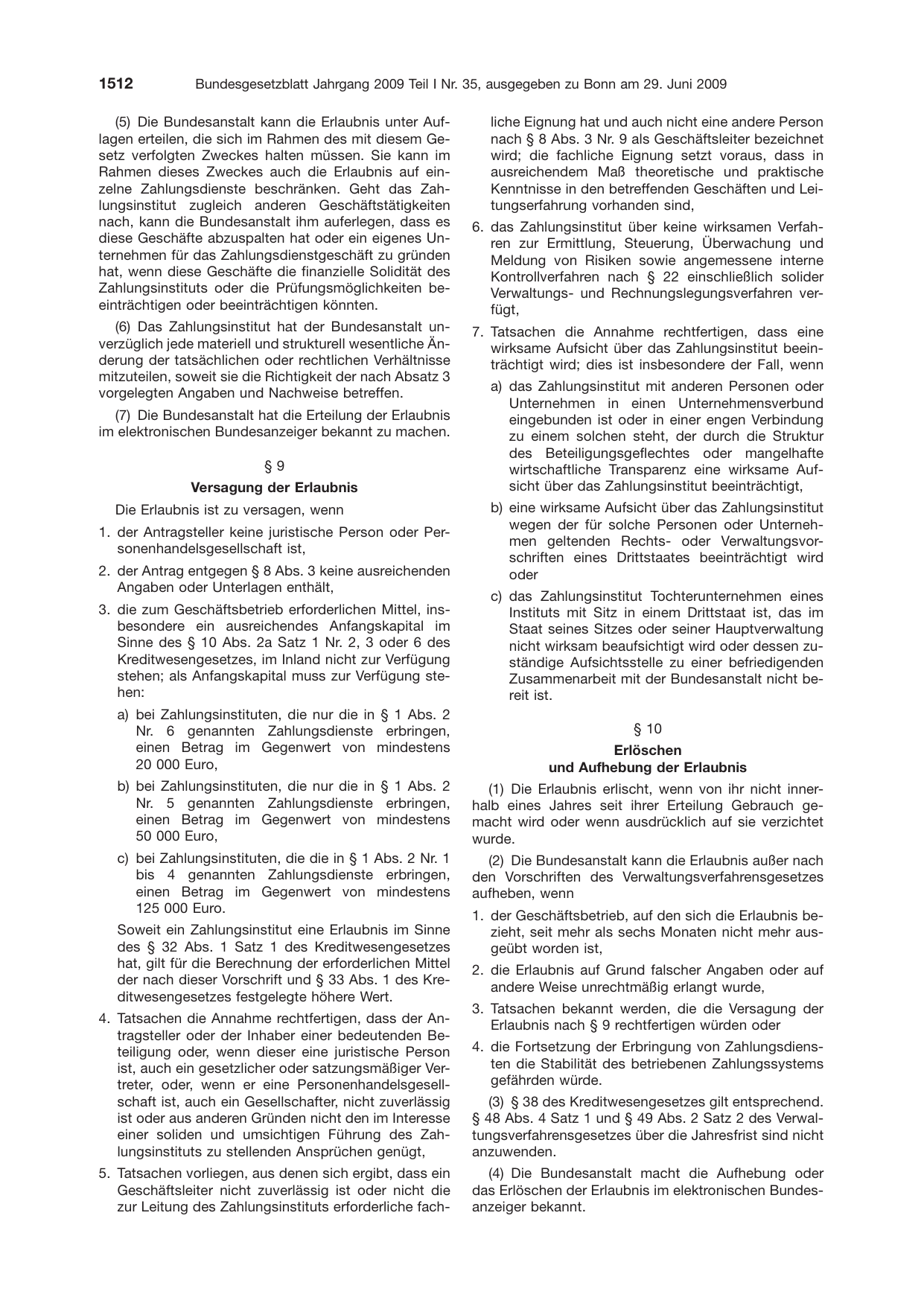 BGBl. 2009, Seite 1512 — Originalseite als Abbildung