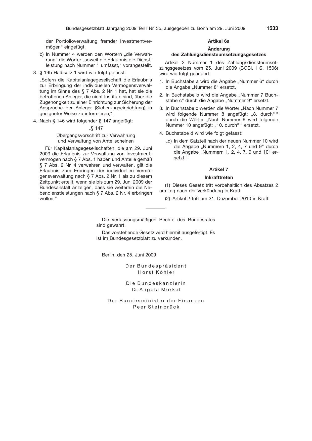 BGBl. 2009, Seite 1533 — Originalseite als Abbildung