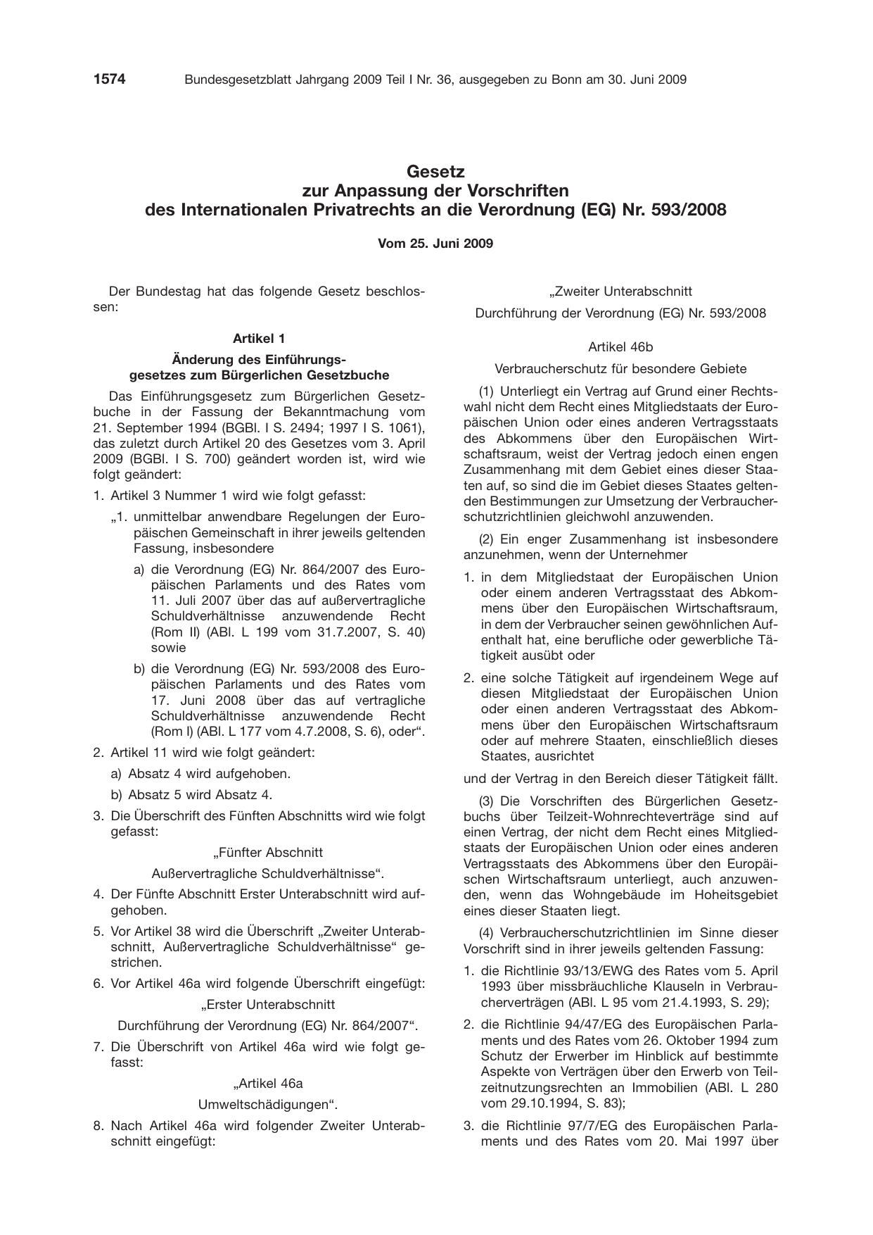 BGBl. 2009, Seite 1574 — Originalseite als Abbildung