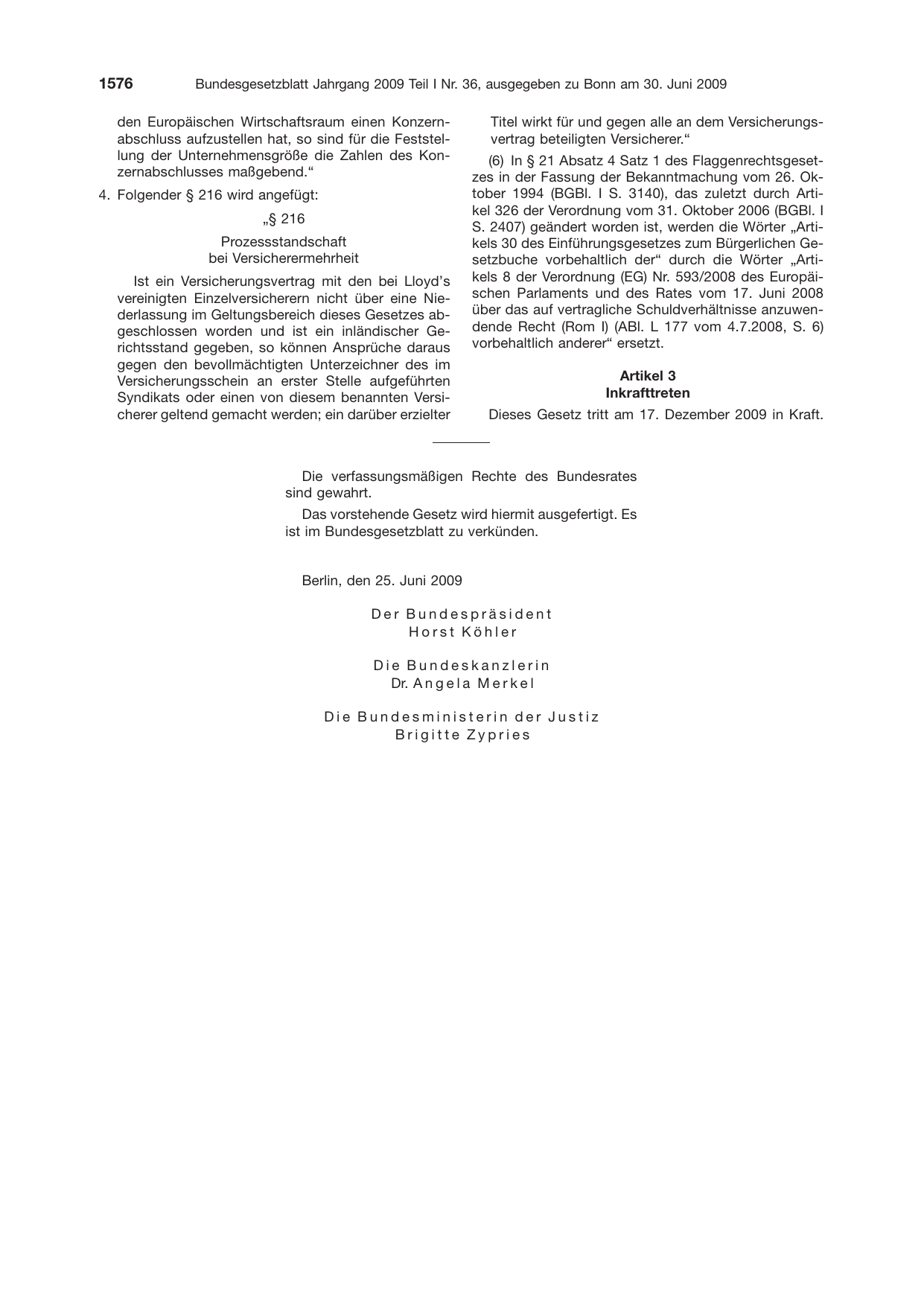 BGBl. 2009, Seite 1576 — Originalseite als Abbildung
