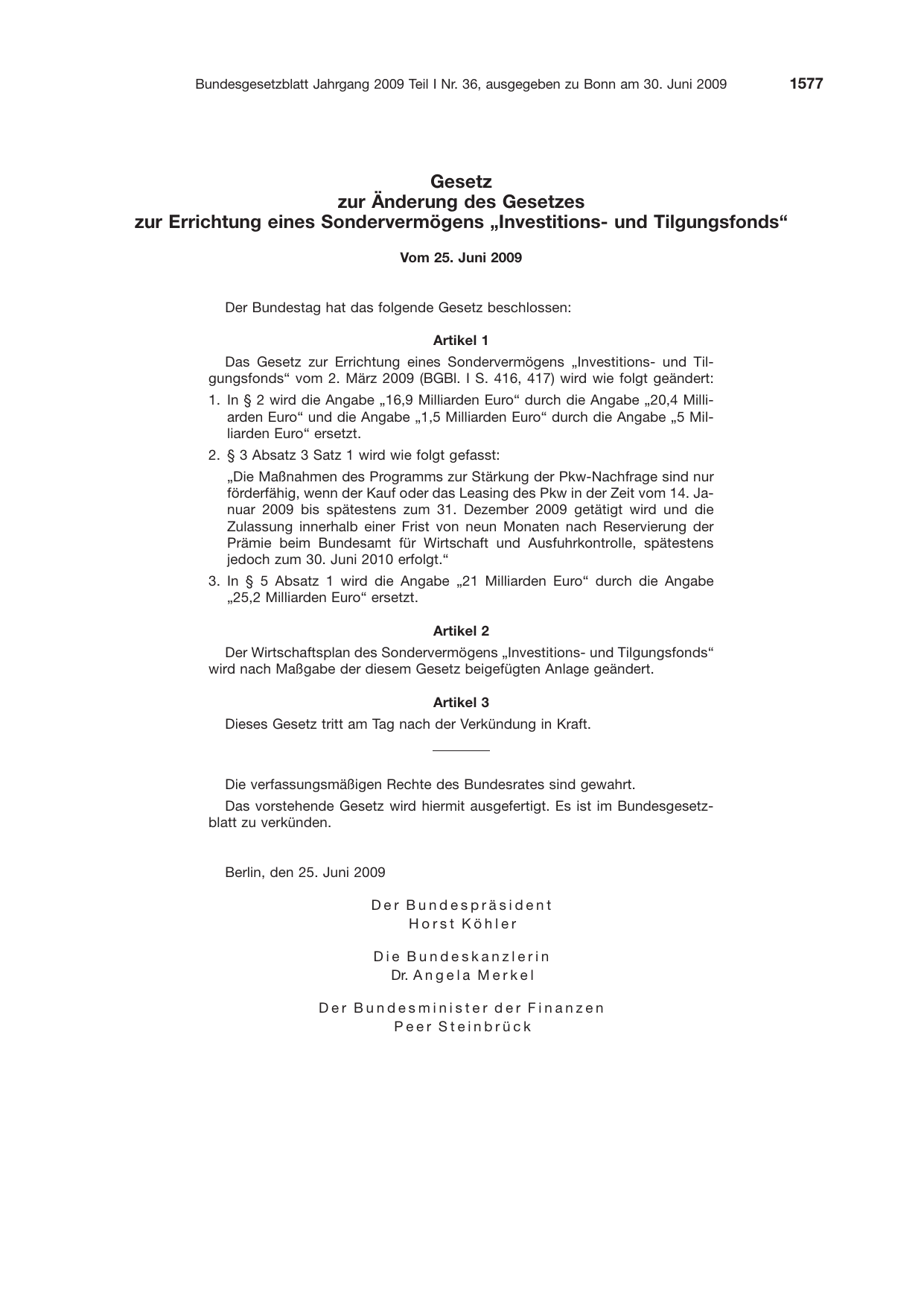 BGBl. 2009, Seite 1577 — Originalseite als Abbildung