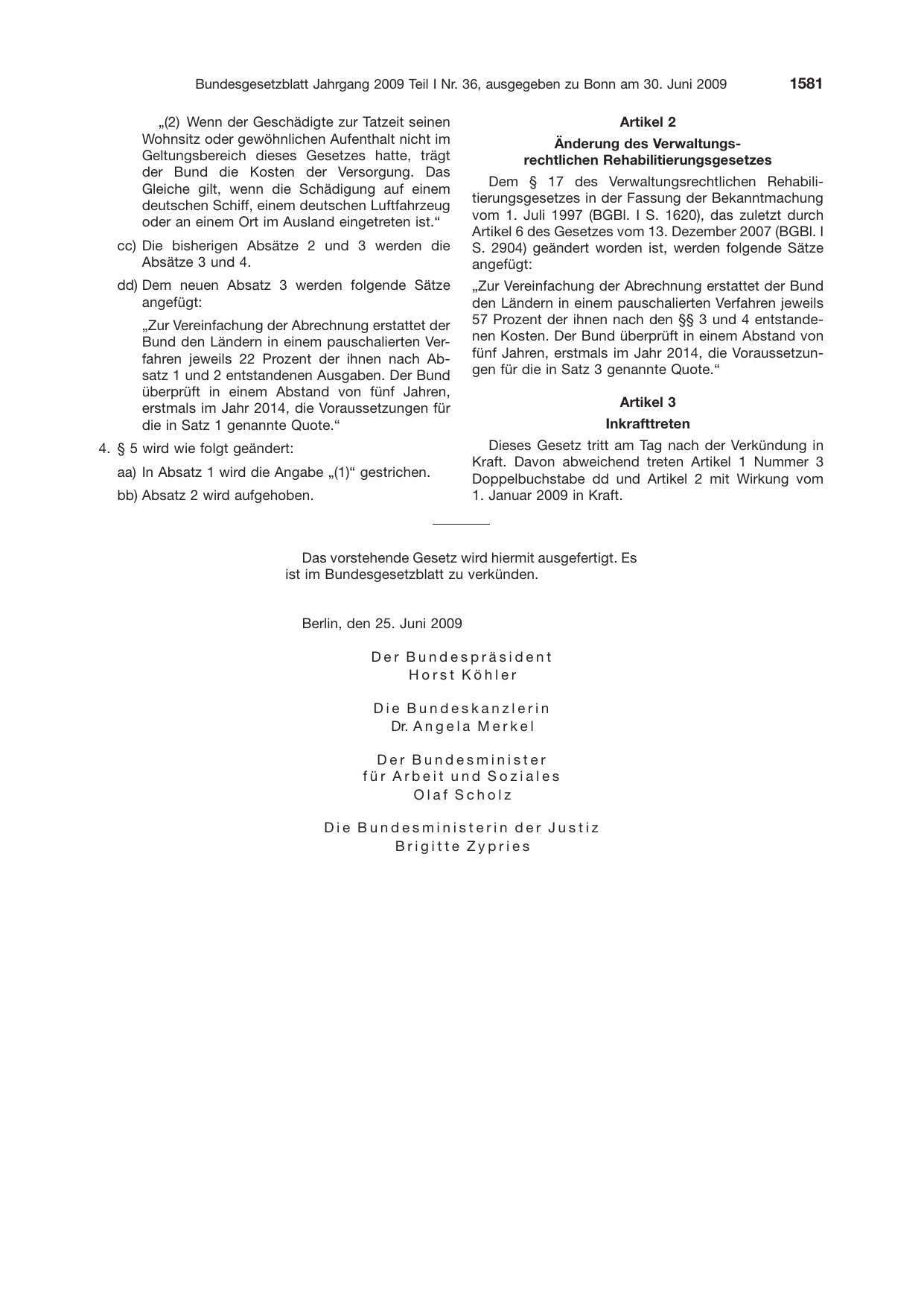 BGBl. 2009, Seite 1581 — Originalseite als Abbildung