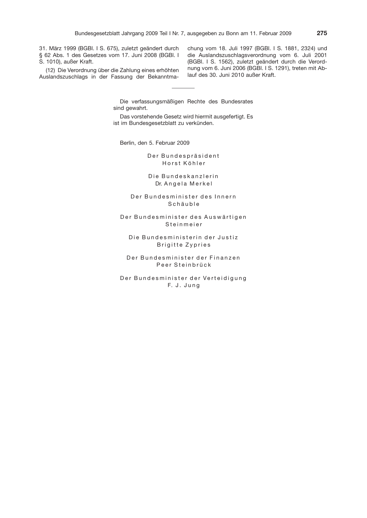 BGBl. 2009, Seite 275 — Originalseite als Abbildung