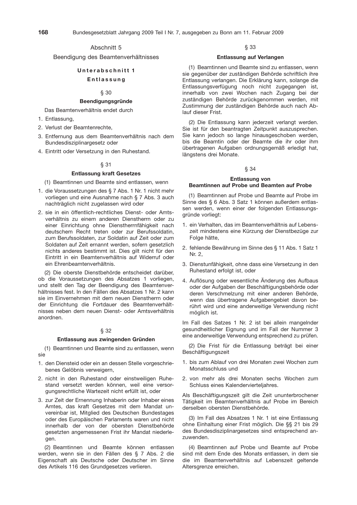 BGBl. 2009, Seite 168 — Originalseite als Abbildung