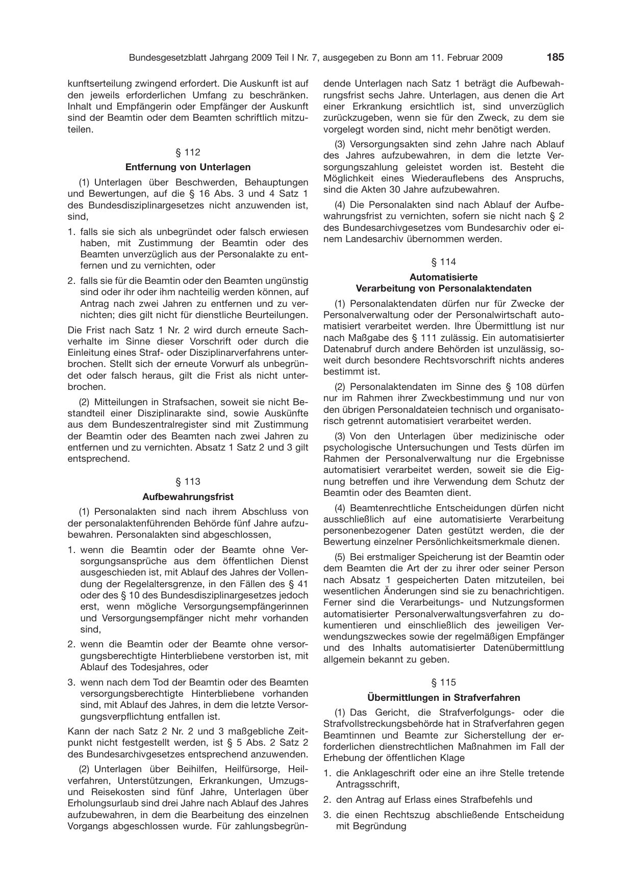 BGBl. 2009, Seite 185 — Originalseite als Abbildung