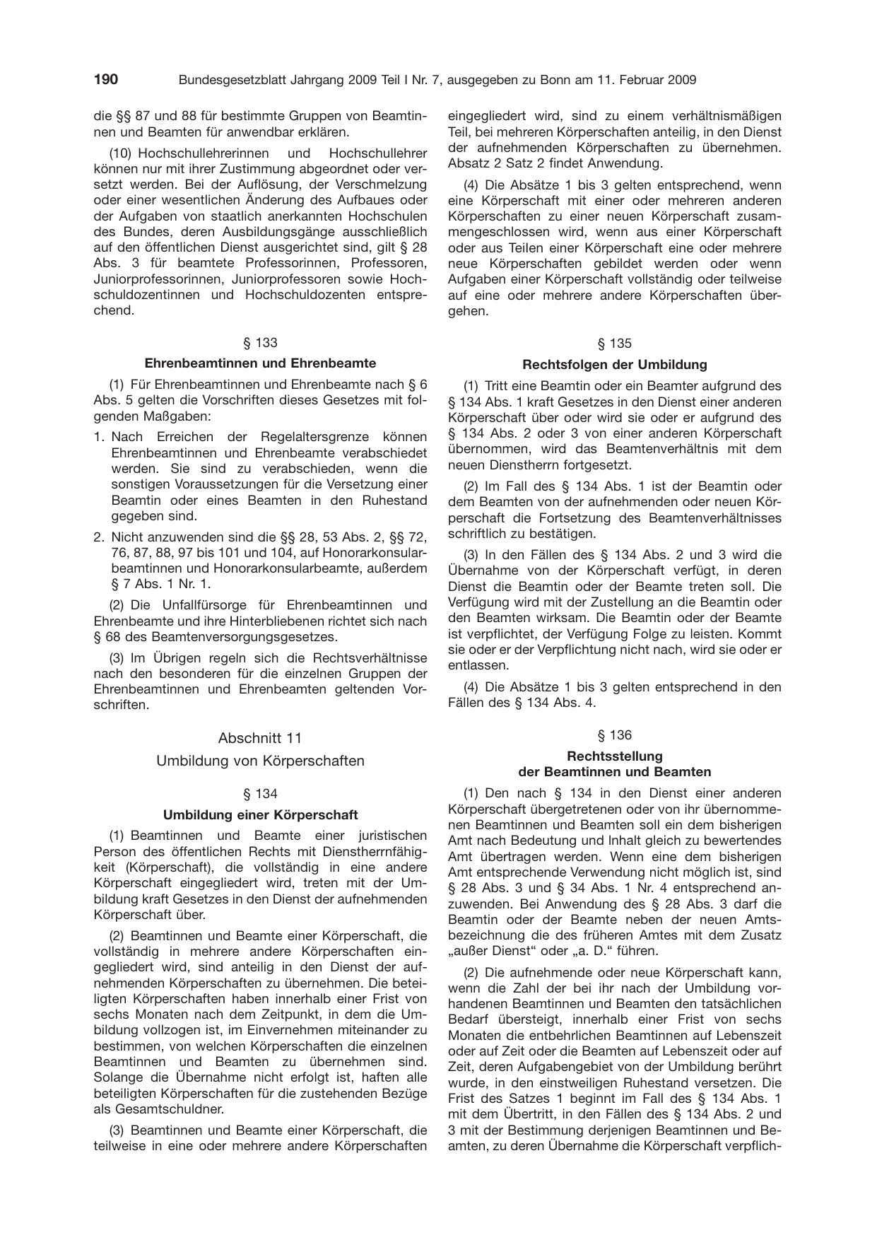 BGBl. 2009, Seite 190 — Originalseite als Abbildung