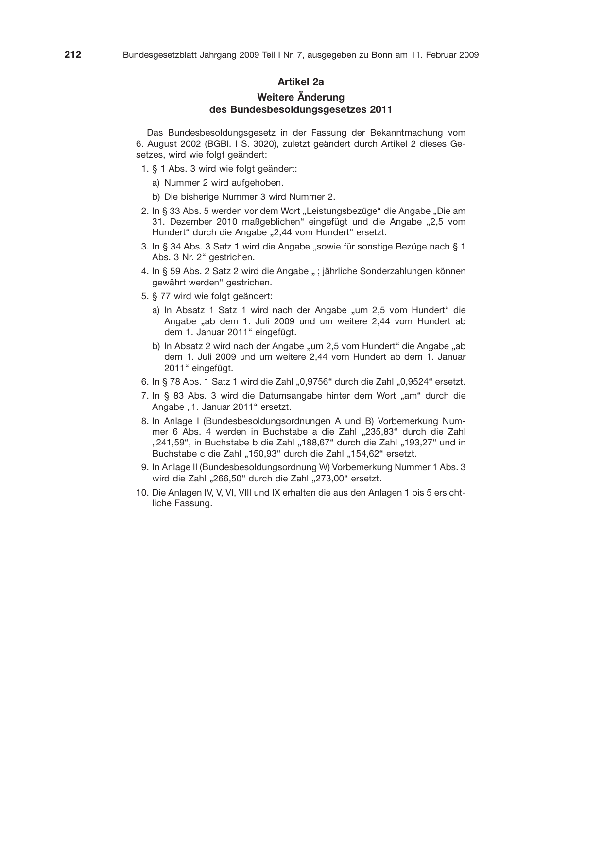 BGBl. 2009, Seite 212 — Originalseite als Abbildung