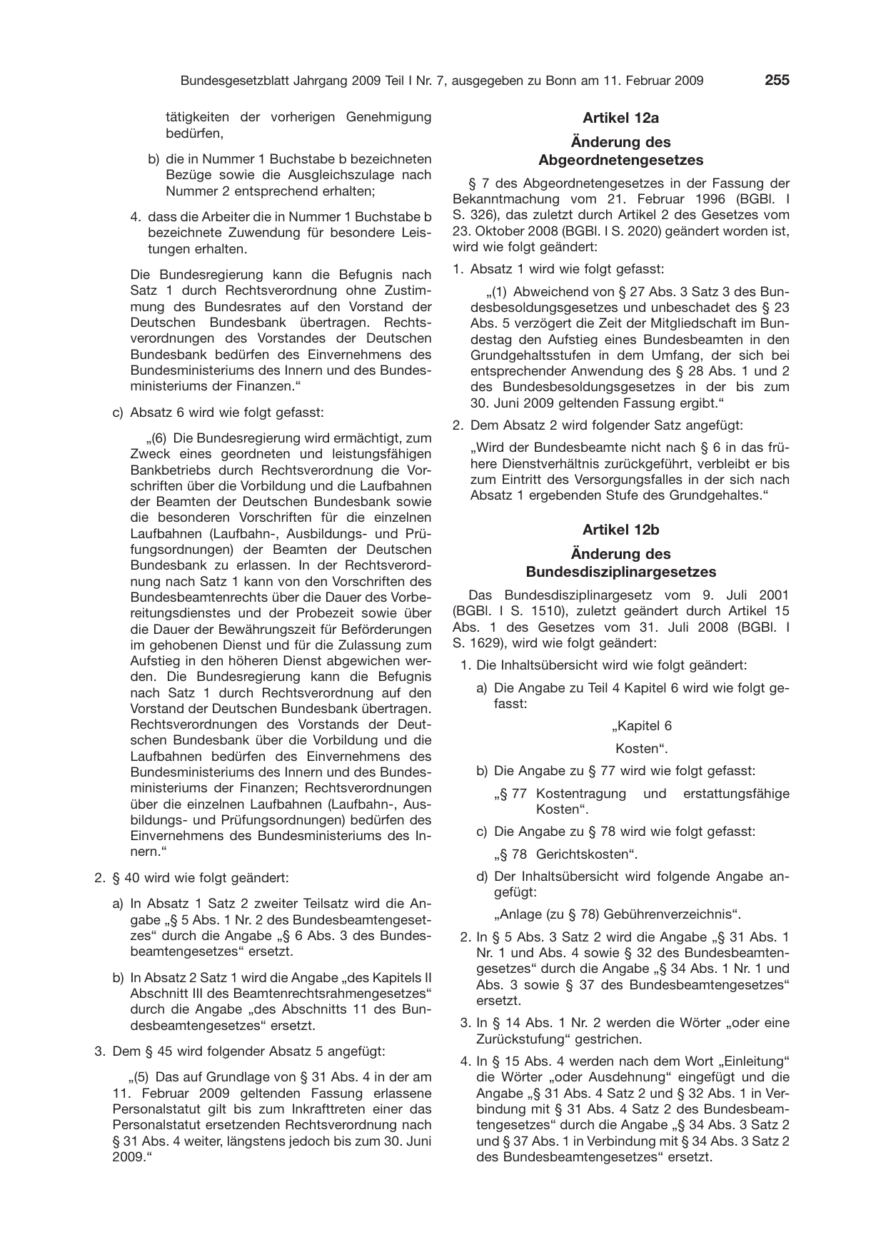 BGBl. 2009, Seite 255 — Originalseite als Abbildung