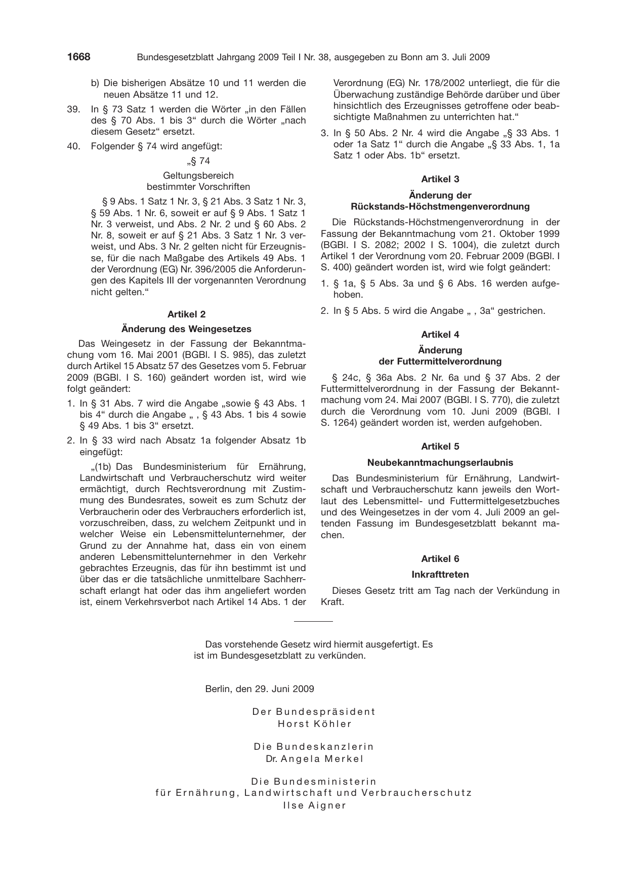 BGBl. 2009, Seite 1668 — Originalseite als Abbildung