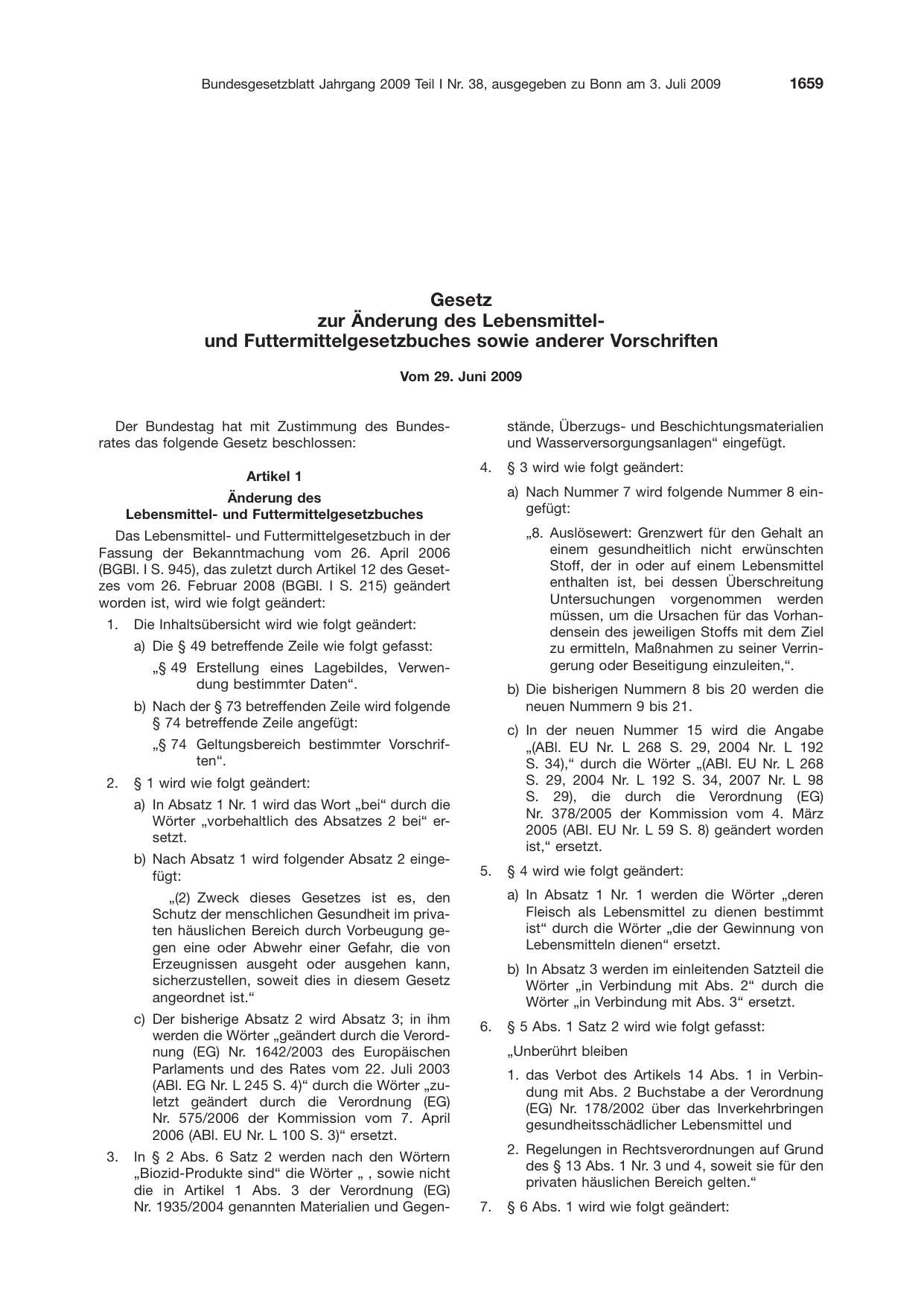 BGBl. 2009, Seite 1659 — Originalseite als Abbildung
