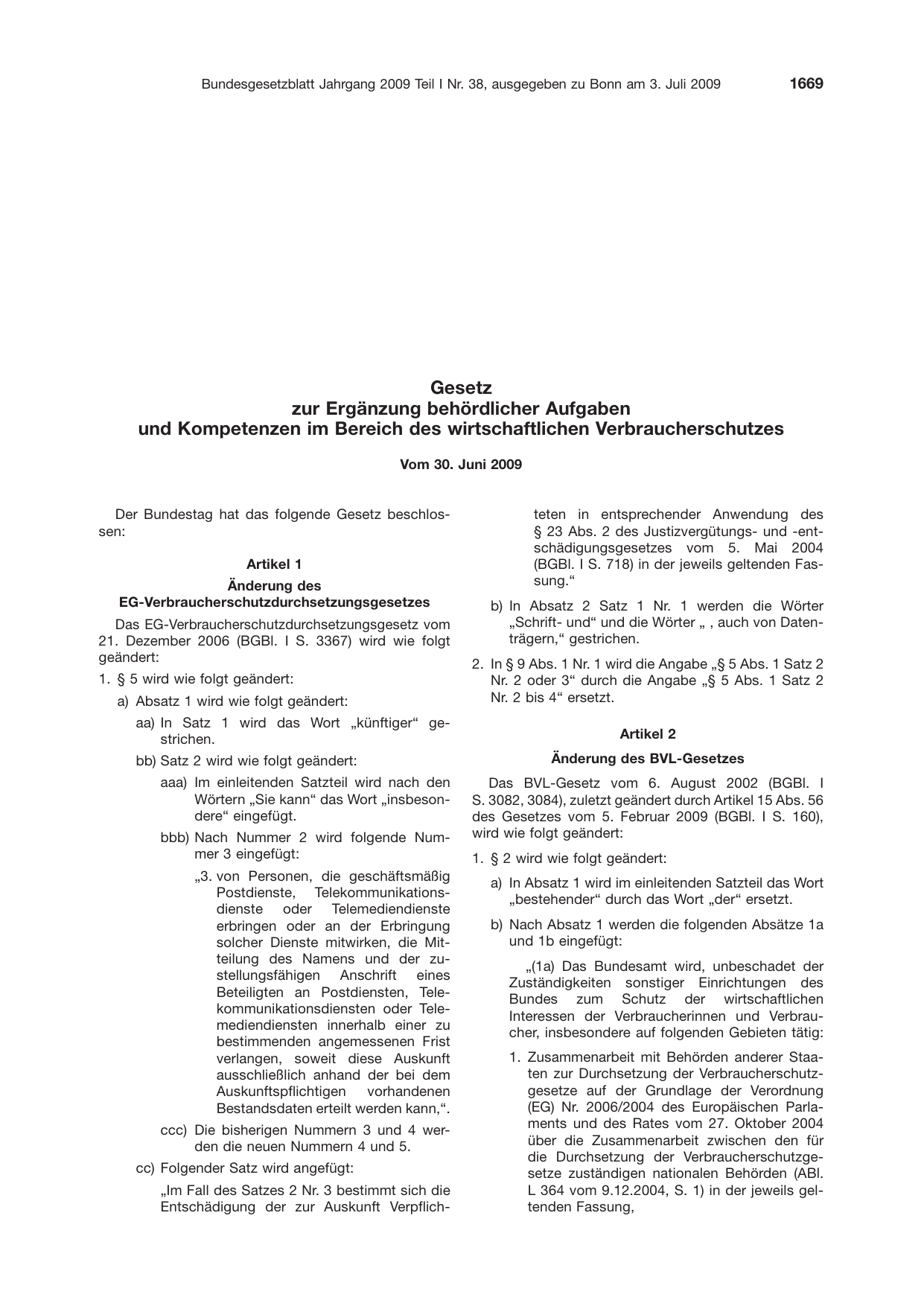BGBl. 2009, Seite 1669 — Originalseite als Abbildung