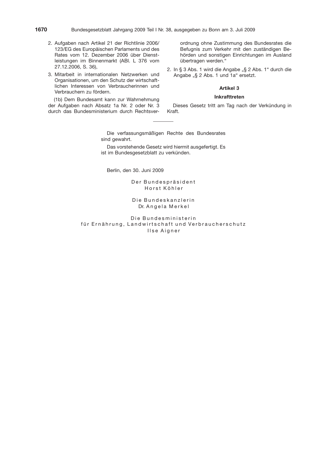 BGBl. 2009, Seite 1670 — Originalseite als Abbildung