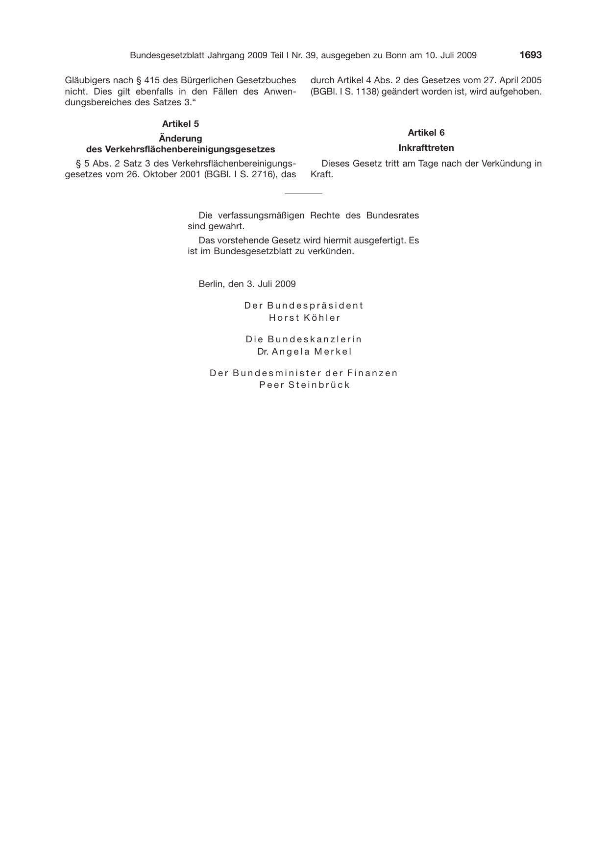 BGBl. 2009, Seite 1693 — Originalseite als Abbildung