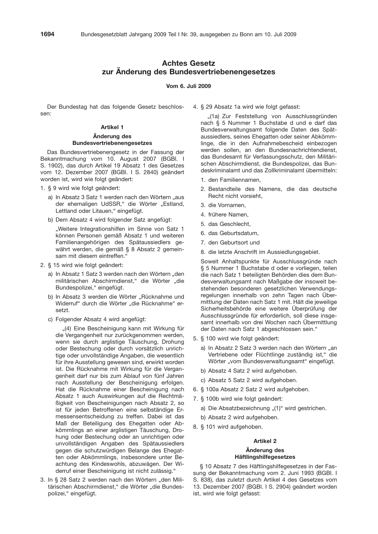 BGBl. 2009, Seite 1694 — Originalseite als Abbildung